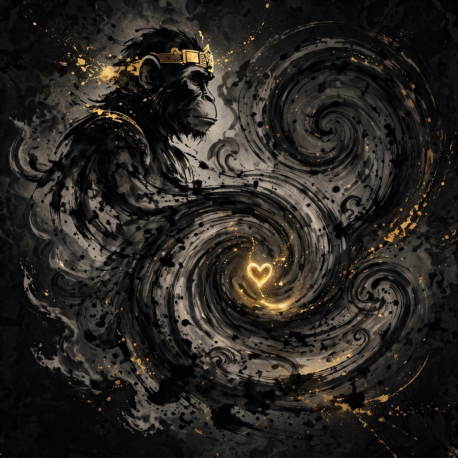 AI-generated abstract ink painting: a monkey warrior silhouette dissolving into swirling ink brushstrokes, a golden heart glowing at the center