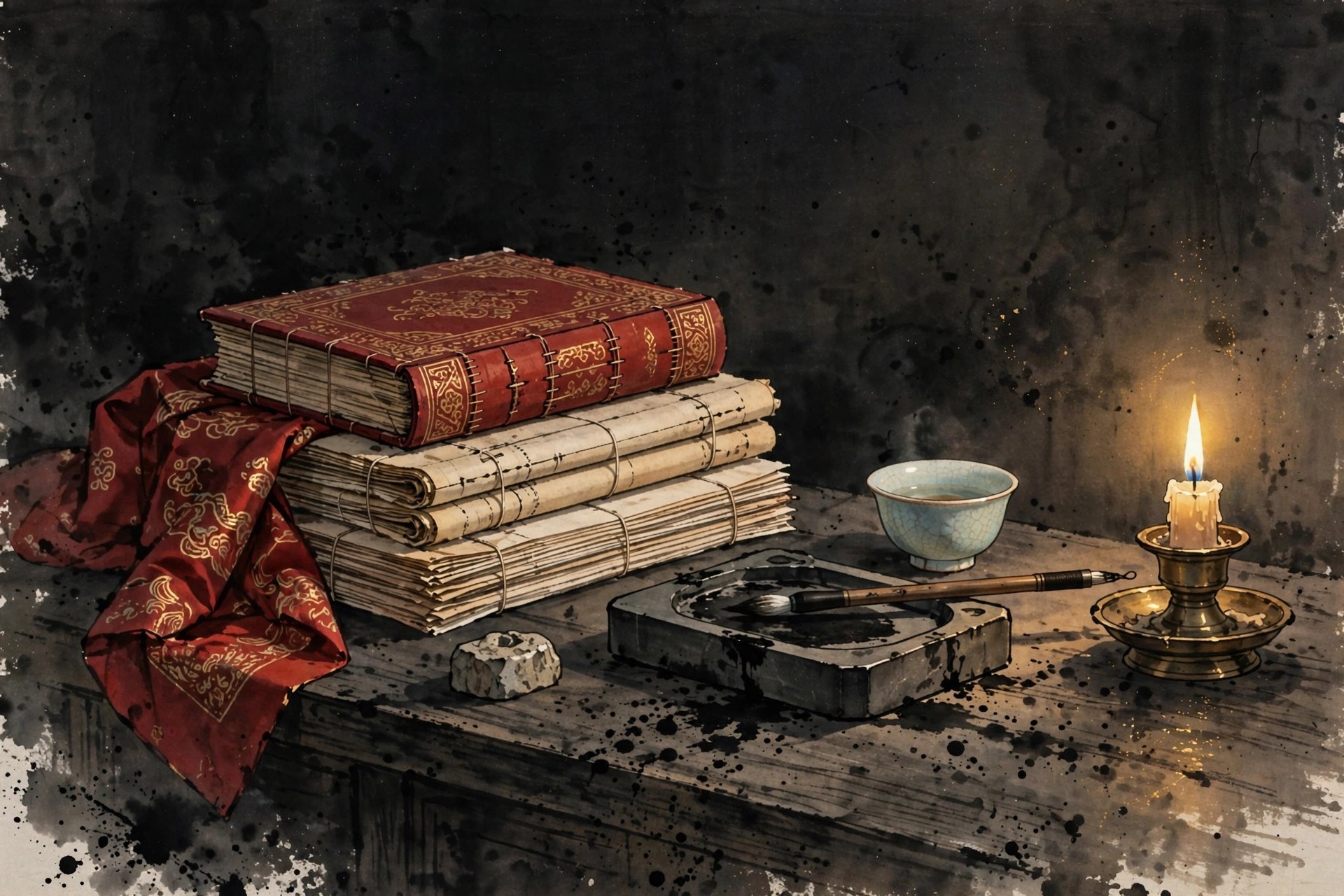 AI-generated ink painting of a Ming-dynasty scholar's writing desk: brush, inkstone, stacked manuscripts, lamplight, no people