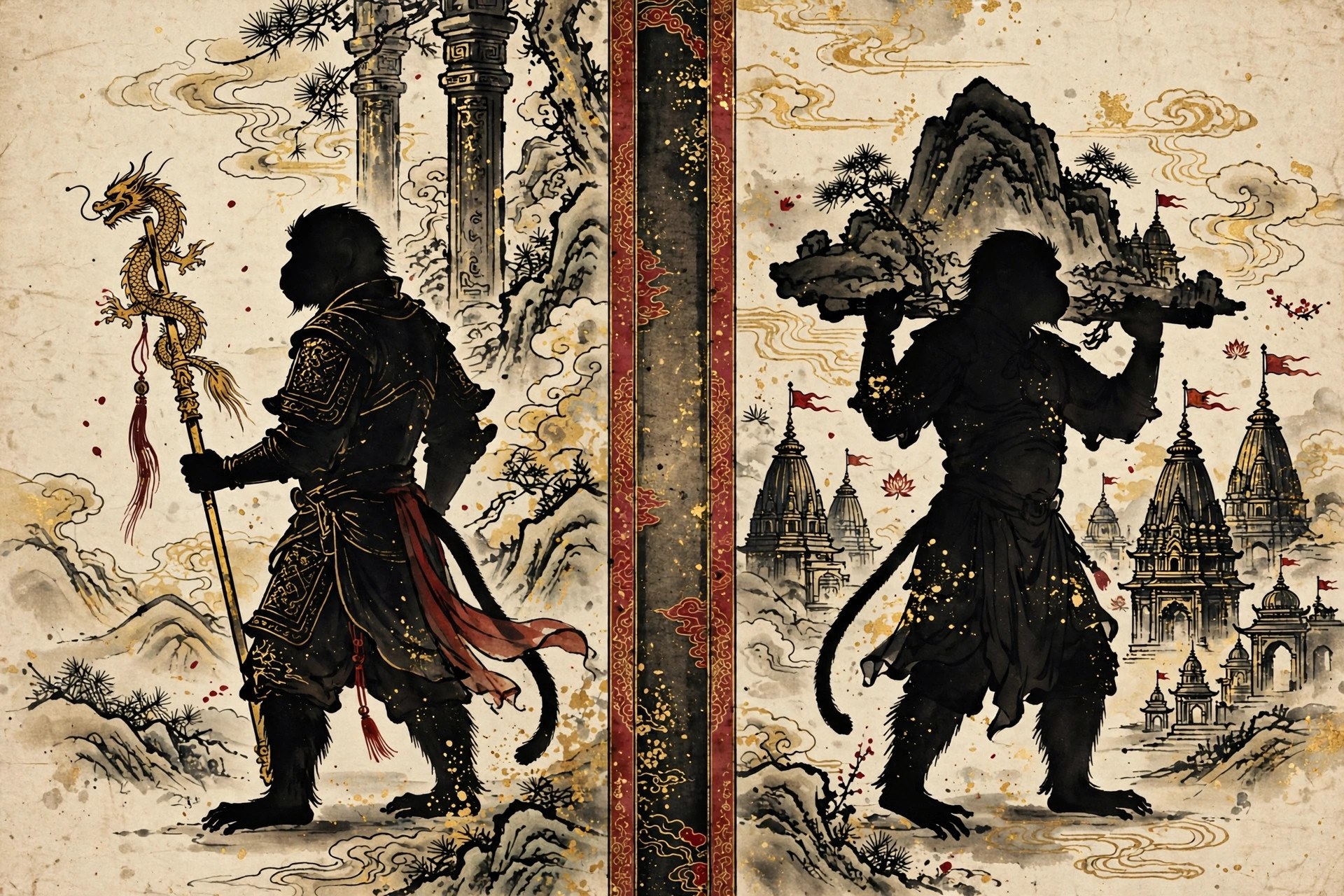 AI-generated ink painting: two monkey warriors back to back in stylized silhouette, one among Chinese clouds, one among Indian temple spires