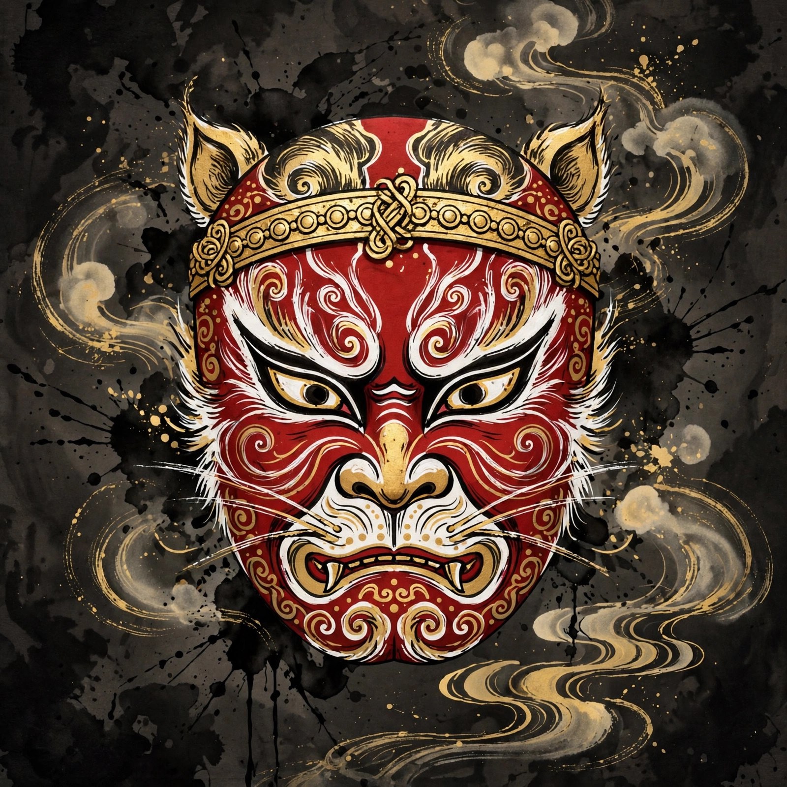 AI-generated stylized painting of a Monkey King opera mask: bold red, gold and white face patterns with the golden headband