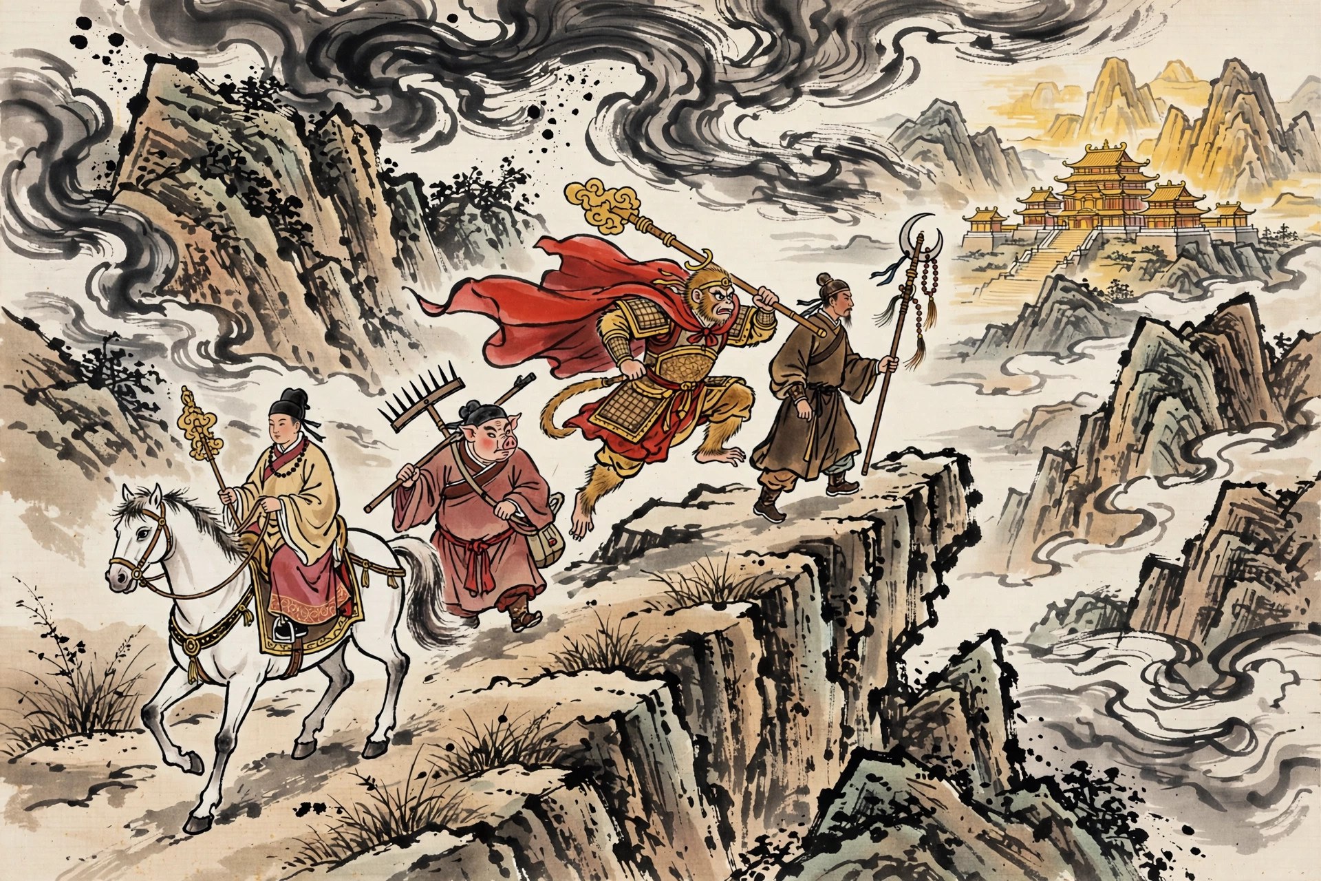 AI-generated ink painting of the four pilgrims — monk, monkey, pig-faced monk, sandy warrior and white horse — crossing a mountain pass toward a distant golden temple