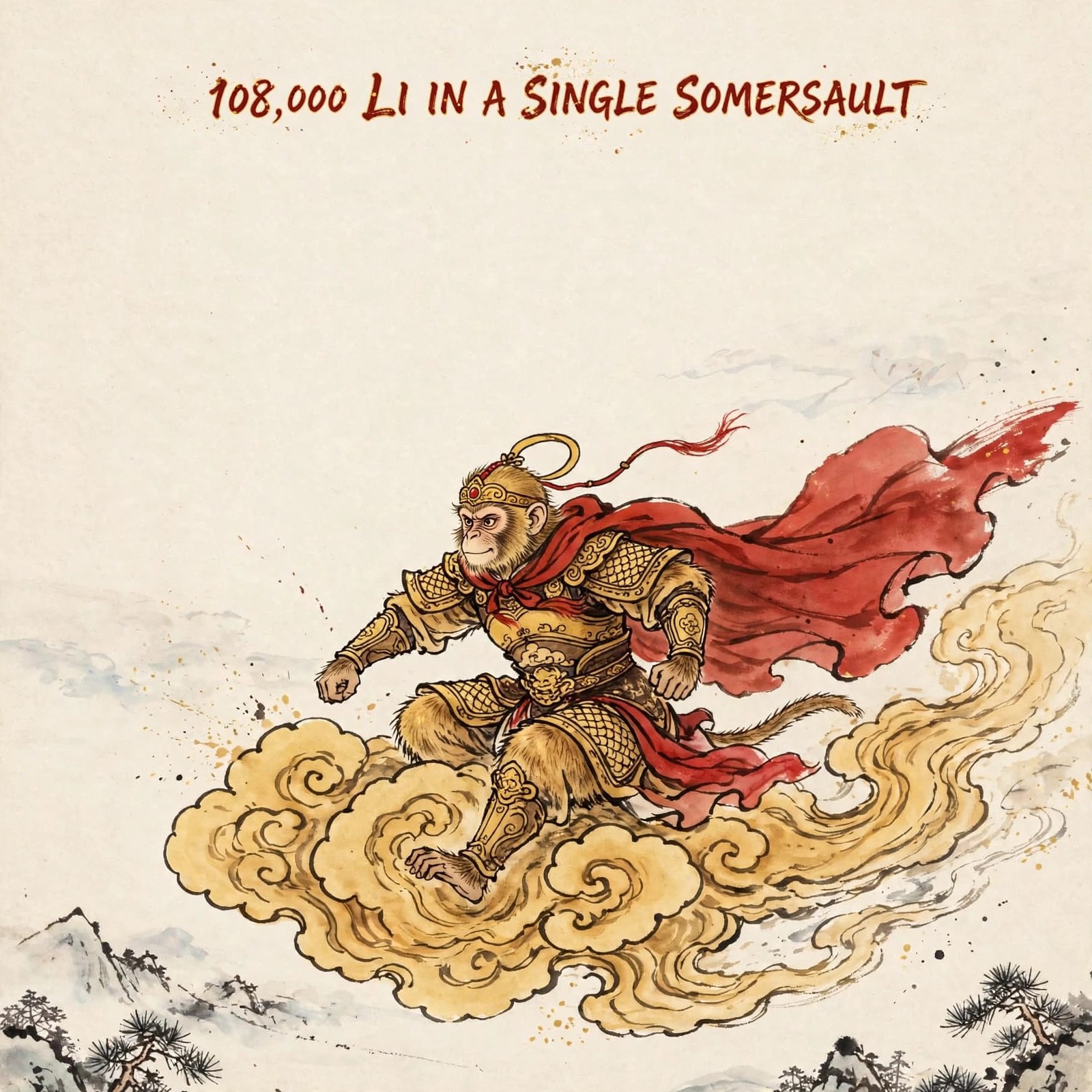AI-generated ink painting of Sun Wukong riding the somersault cloud across a painted sky — one of the social pack's character moments