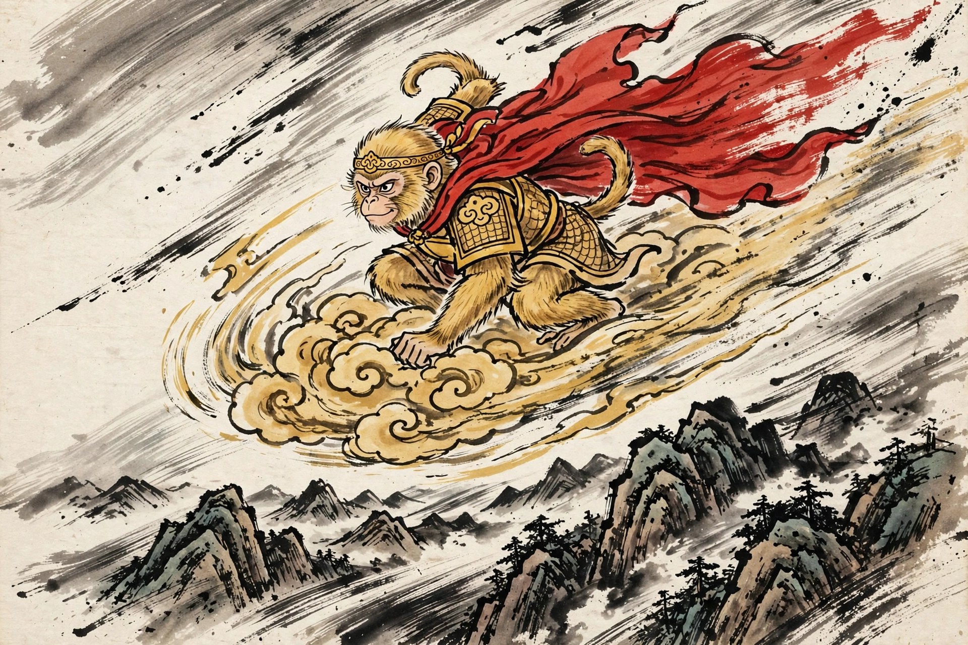 AI-generated ink painting of Sun Wukong riding a golden somersault cloud at tremendous speed, red cape streaming