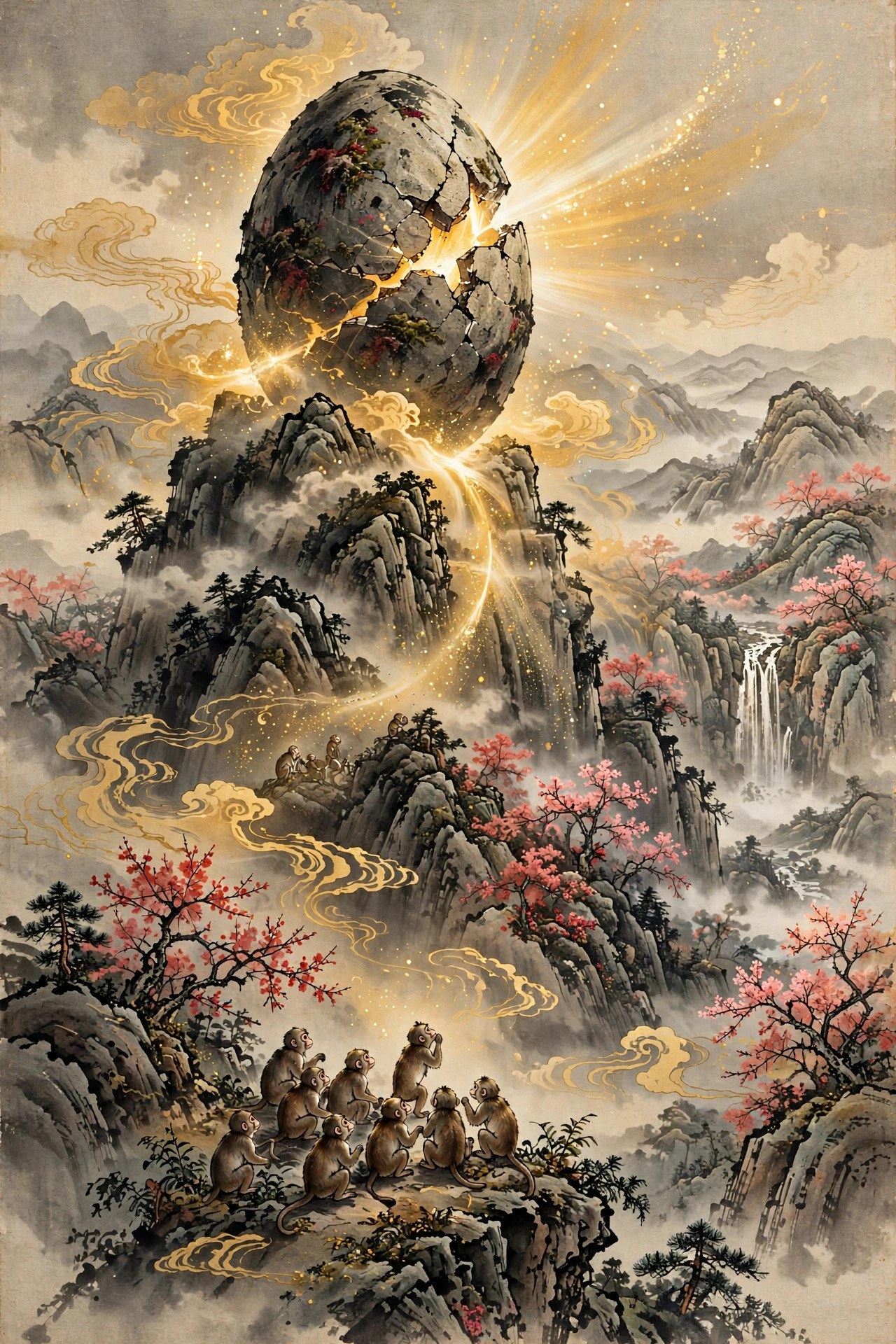 AI-generated ink painting of a great stone egg atop the Flower-Fruit Mountain peak, cracked open with golden light, monkeys gathered below