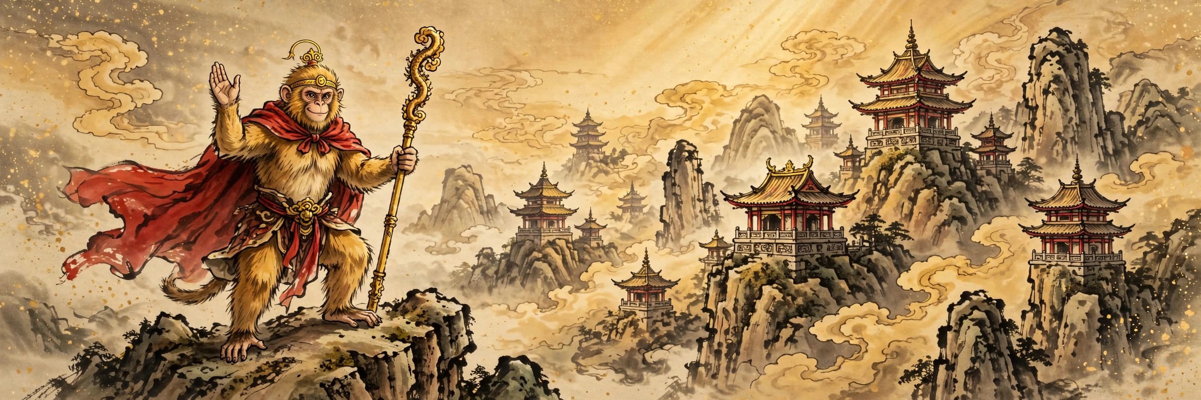 AI-generated banner of the Sun Wukong character: golden monkey warrior with headband and red cape atop a cloud-mountain peak