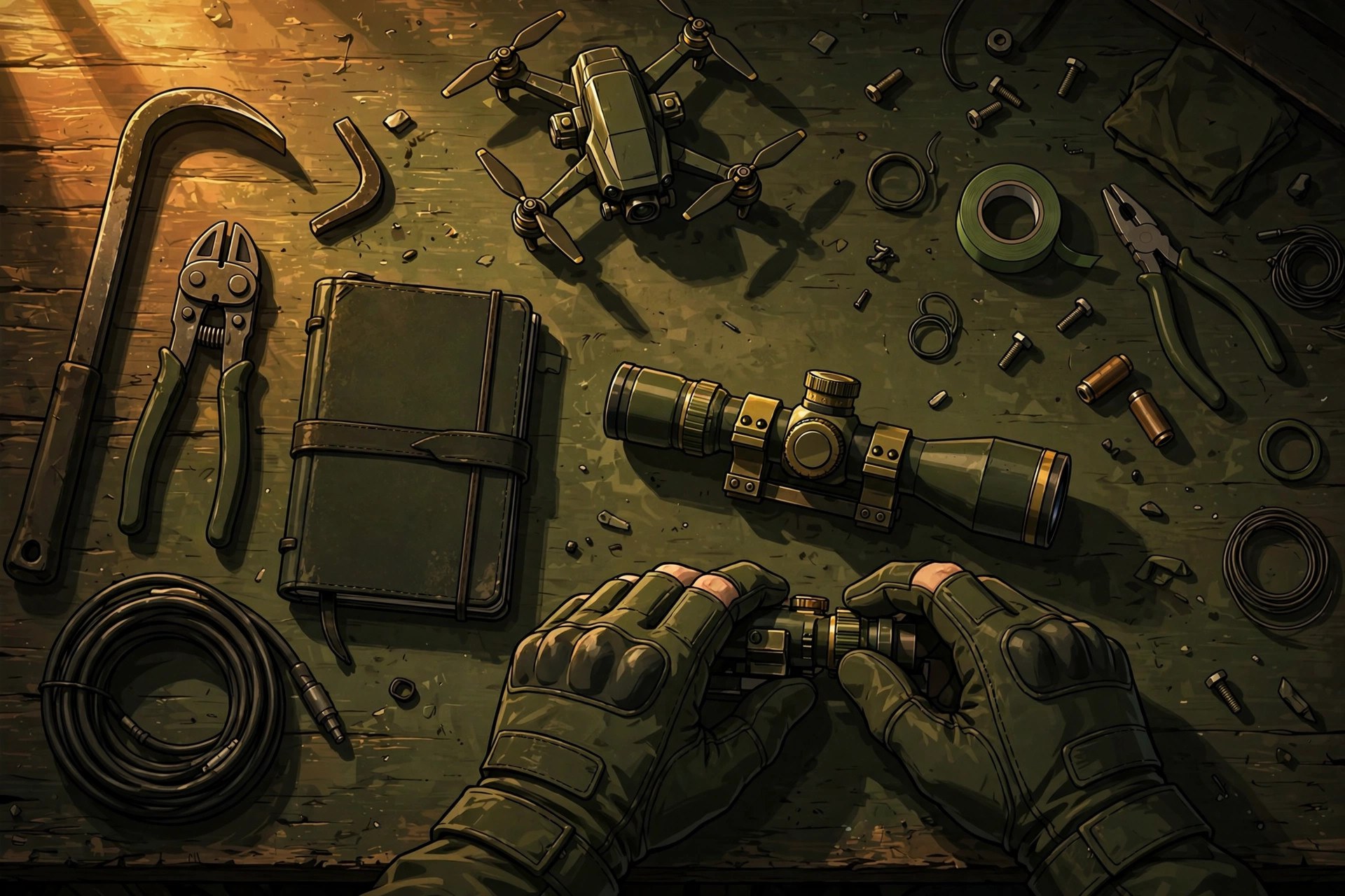 The animated operative checking gear on a workbench: rifle optic, breaching tools and a drone laid out