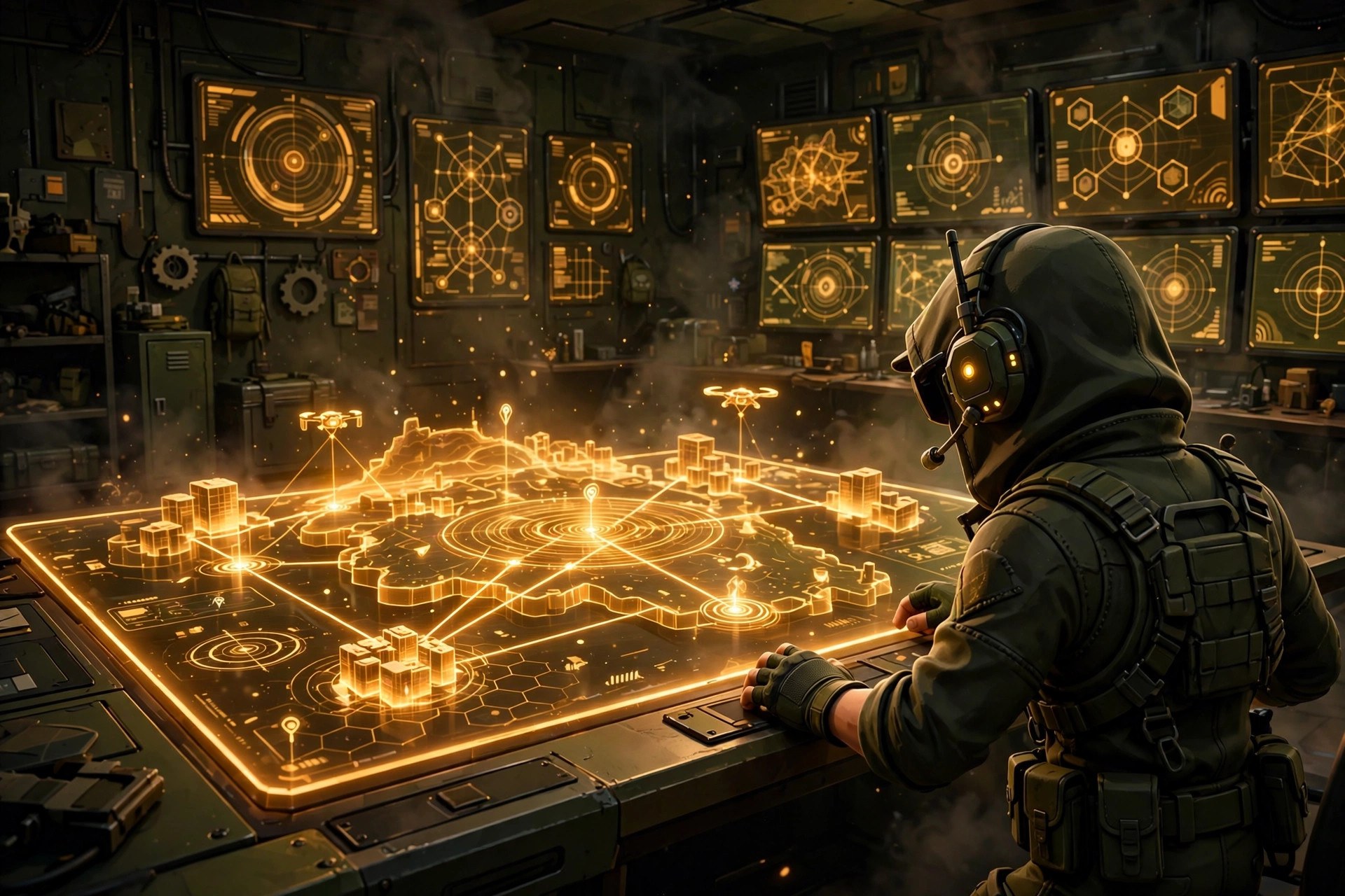 Wide view of a fictional animated operative's night command center with a glowing holographic map table
