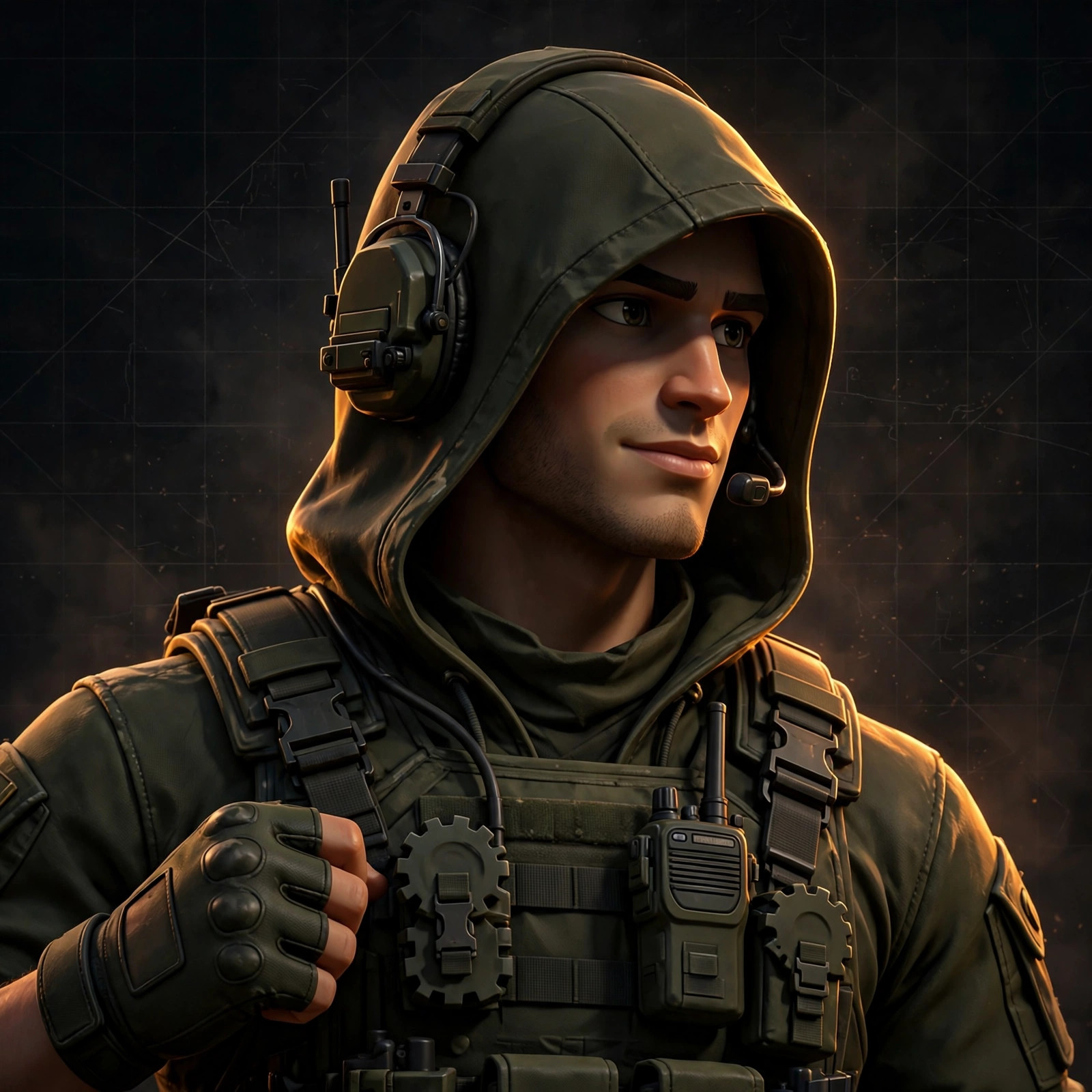 Portrait of Tactical, a fictional animated operative in dark-olive tactical gear with a comms headset