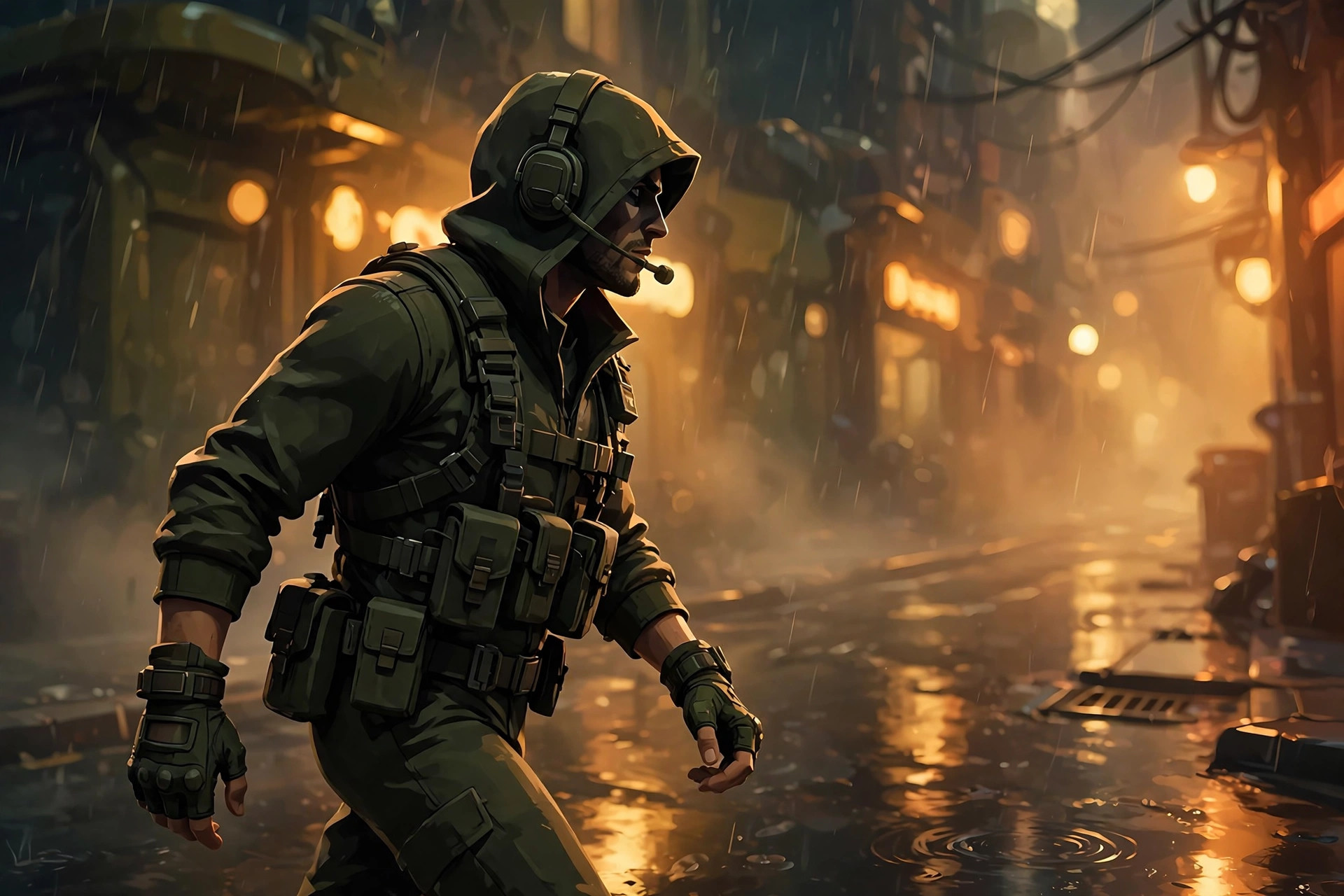 The animated operative moving through a rain-slicked neon street at night, low and quiet