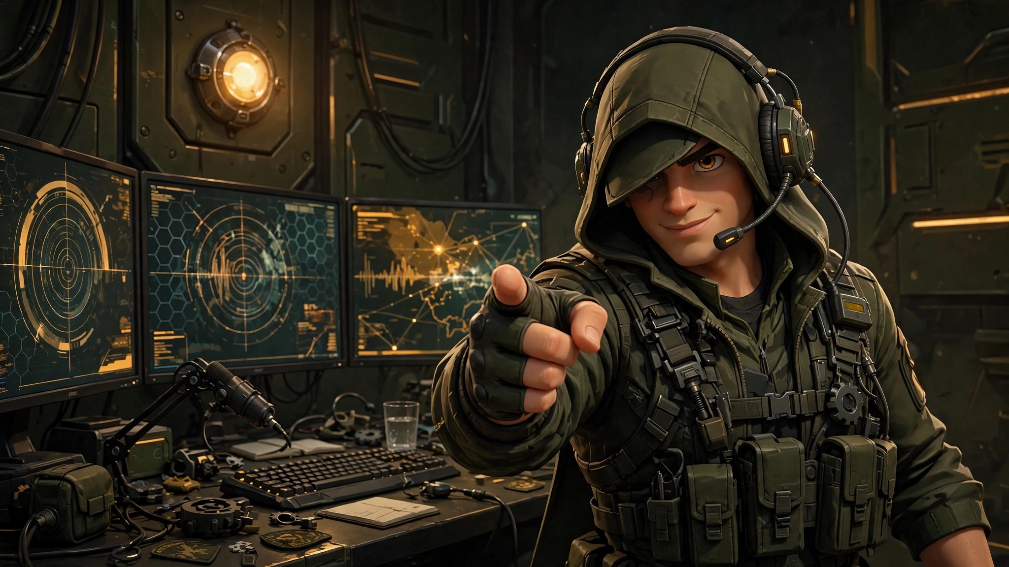 Wide banner: the animated operative character at a stream desk with tactical monitors, on-air light glowing