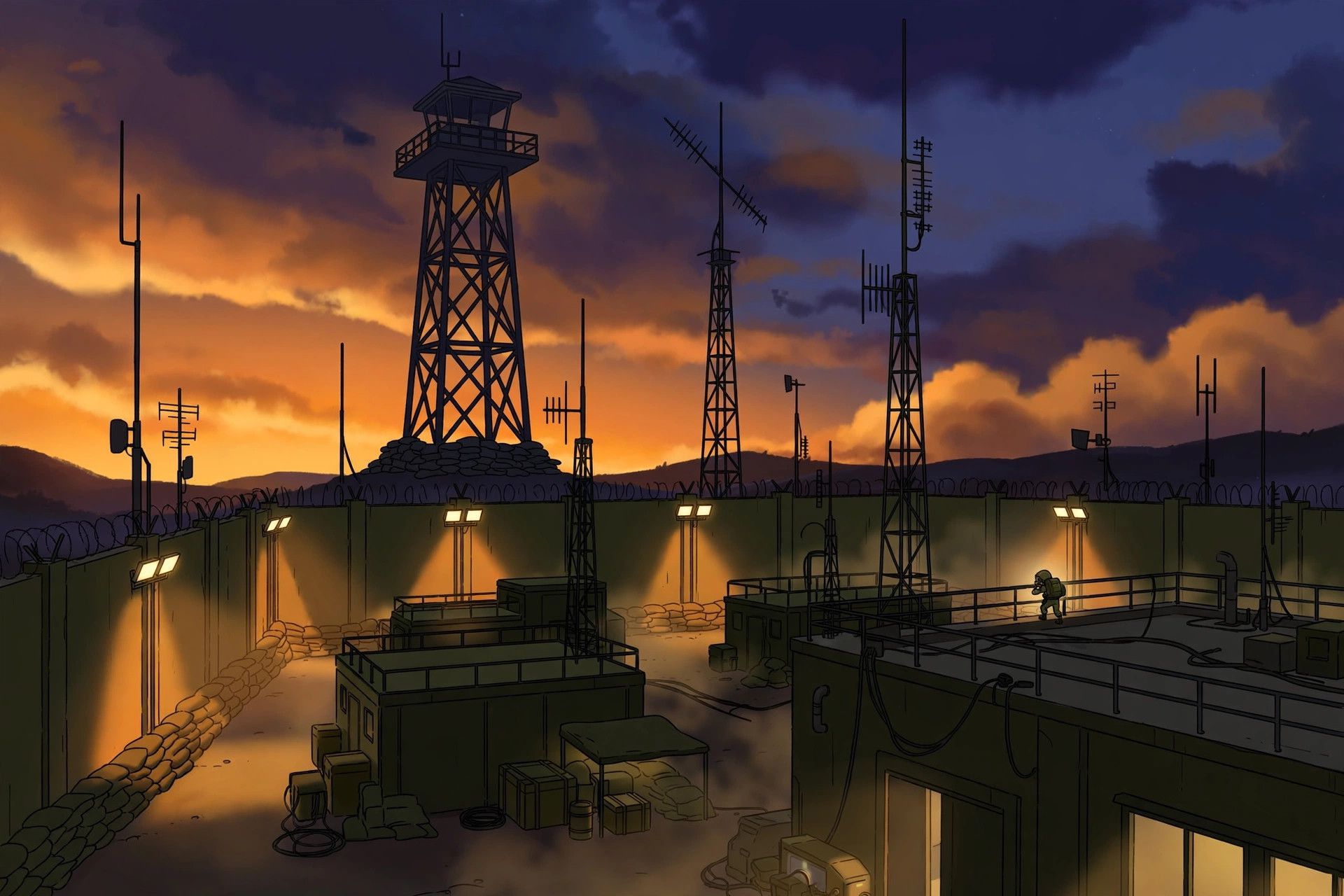 A fictional forward operating base at dusk: floodlit compound walls, antenna masts and a watchtower