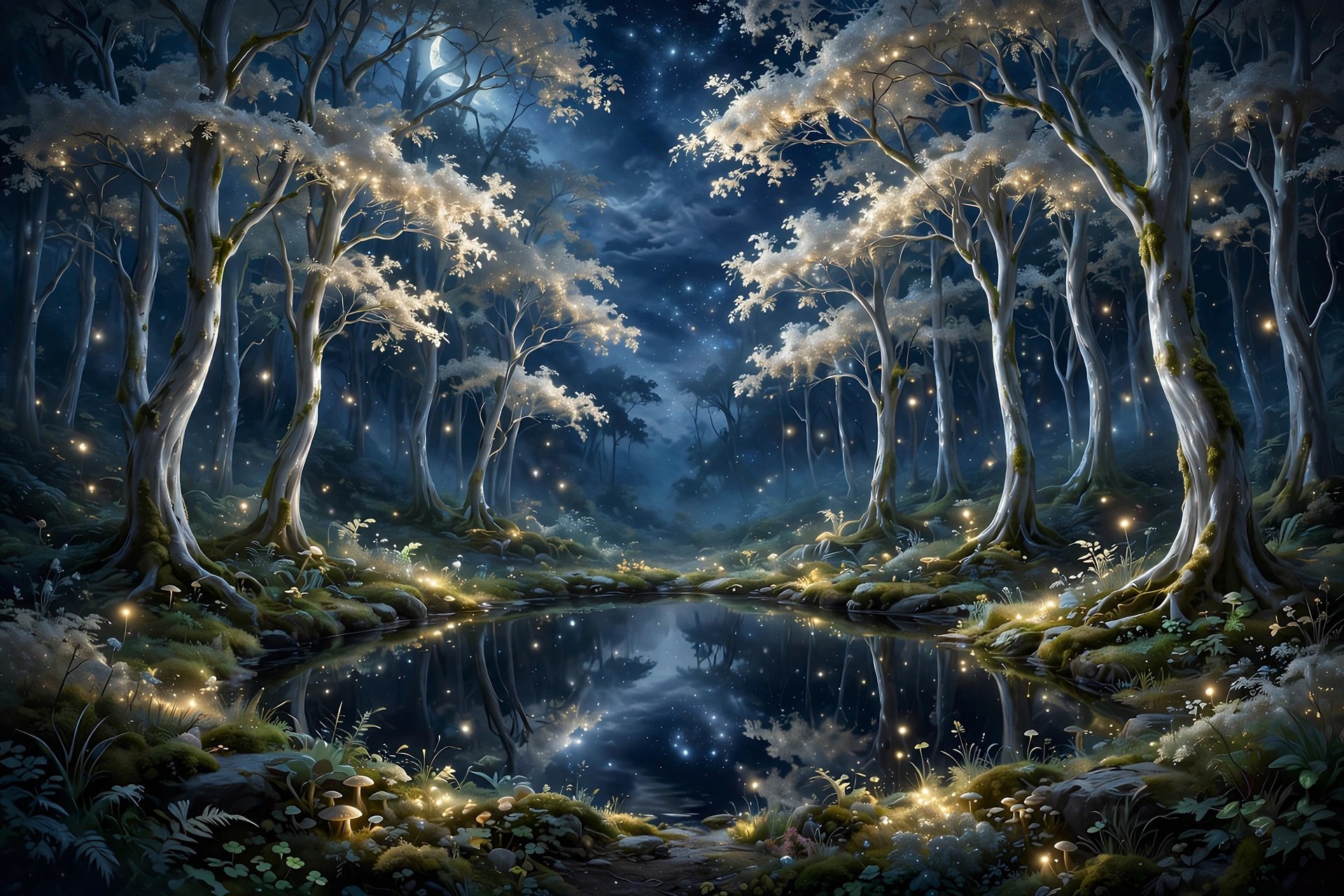 AI-generated illustration of the Astral Glade: a moonlit forest of silver-barked trees around a still glowing pool