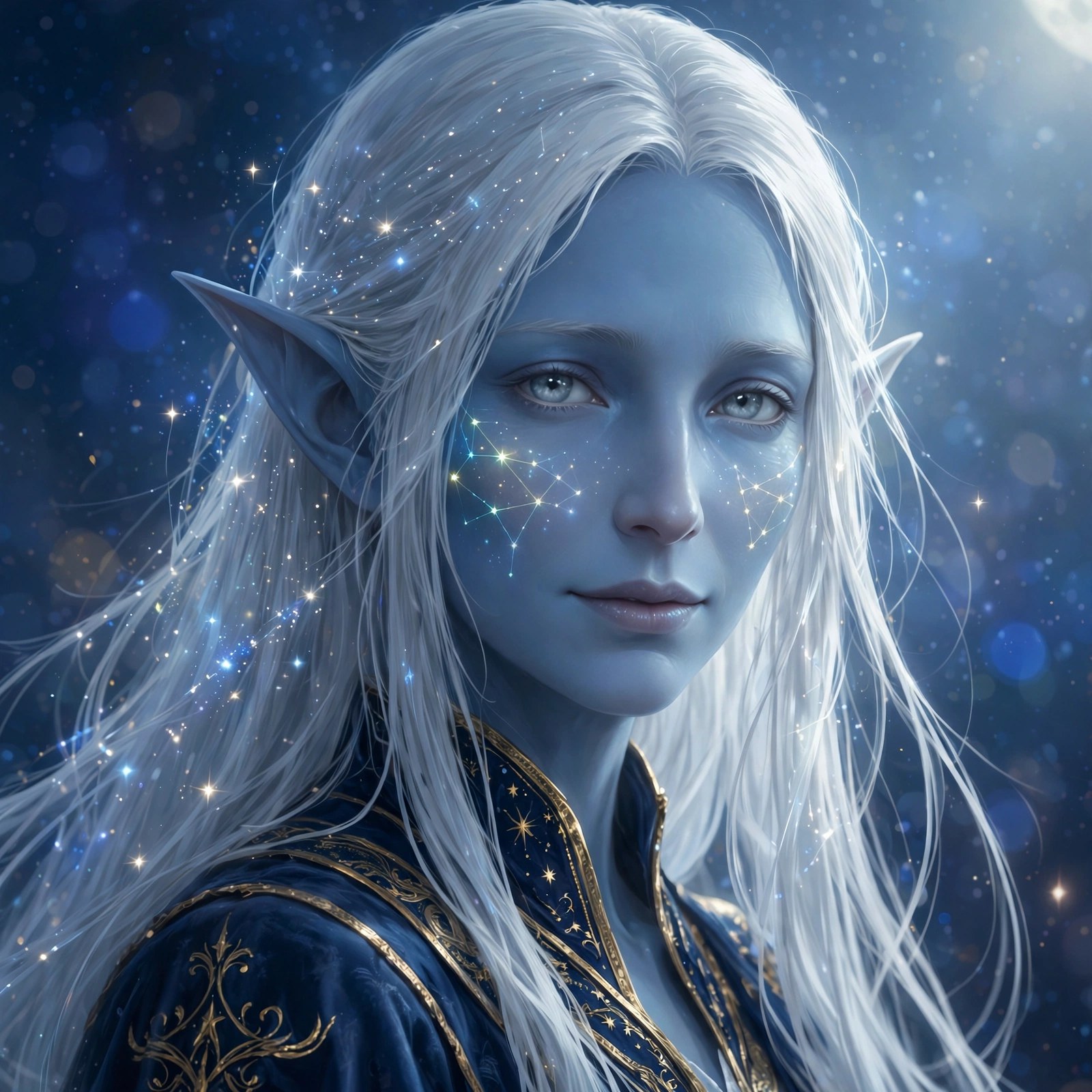 AI-generated portrait of the blue elf Talen, silver-white star-flecked hair, gentle expression, starfield behind her