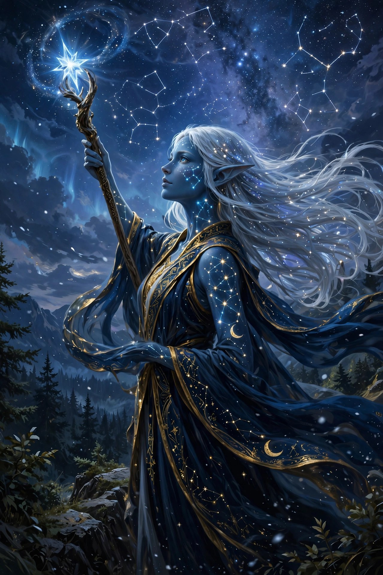 AI-generated illustration of Talen holding her staff tipped with a glowing captured star beneath a night sky full of constellations