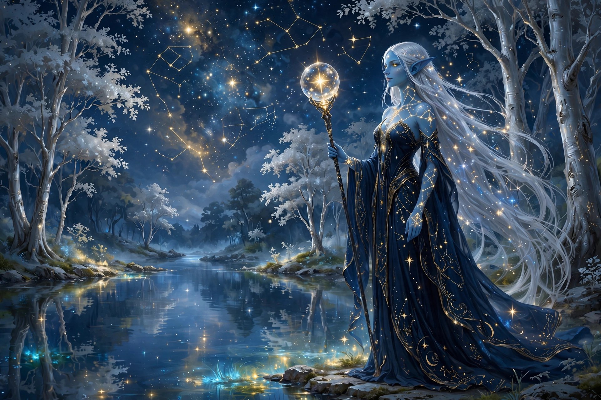 AI-generated illustration of the blue elf Talen standing at the edge of a glowing starlit pool at night, staff tipped with a captured star
