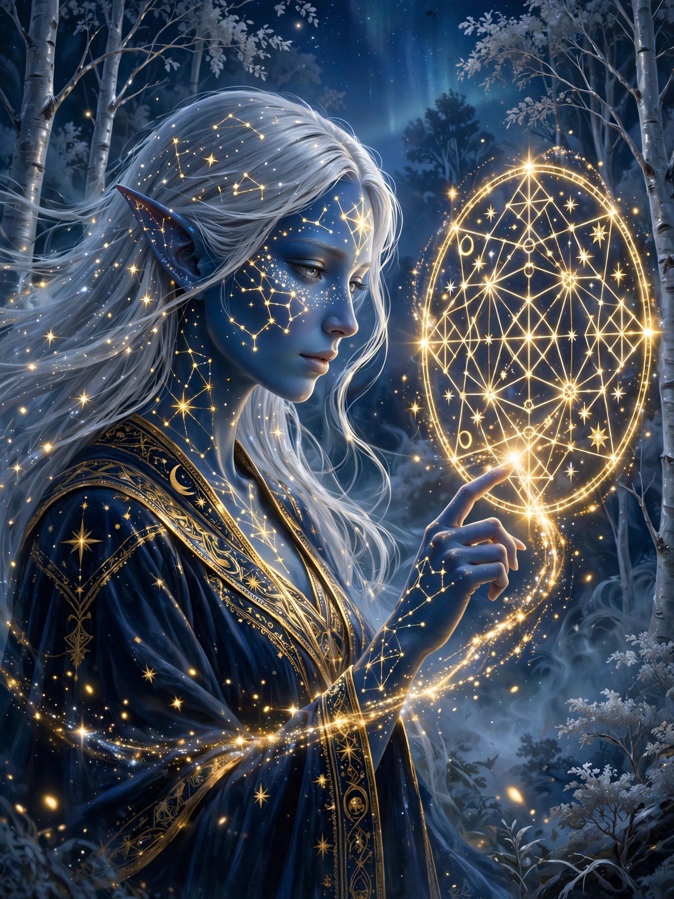 AI-generated illustration of Talen tracing glowing rune-lines of starlight in the night air, constellation marks bright on her skin