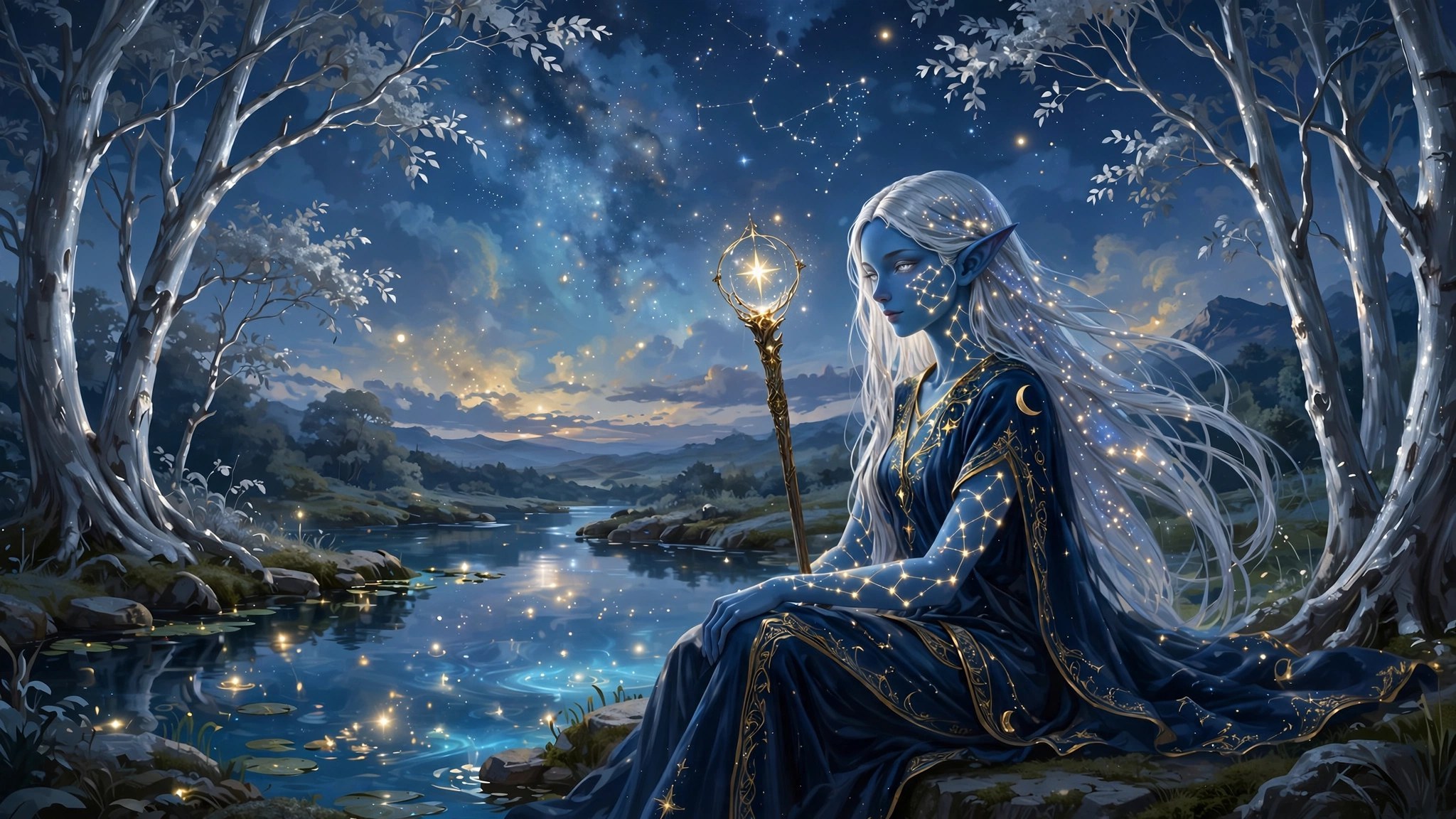 Wide AI-generated illustration of Talen at the Starwell's edge at dusk, the animated blue-elf persona in her moonlit world