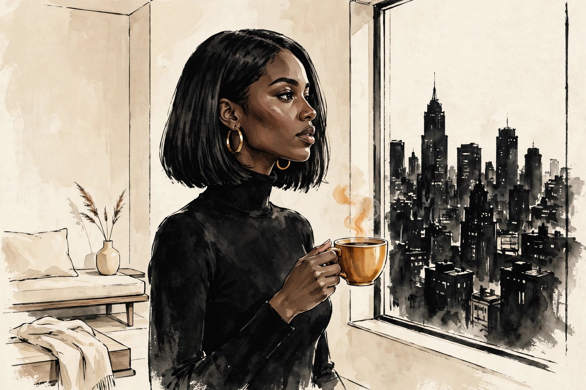 AI-generated illustration of Talia Brooks at her apartment window overlooking the city, morning