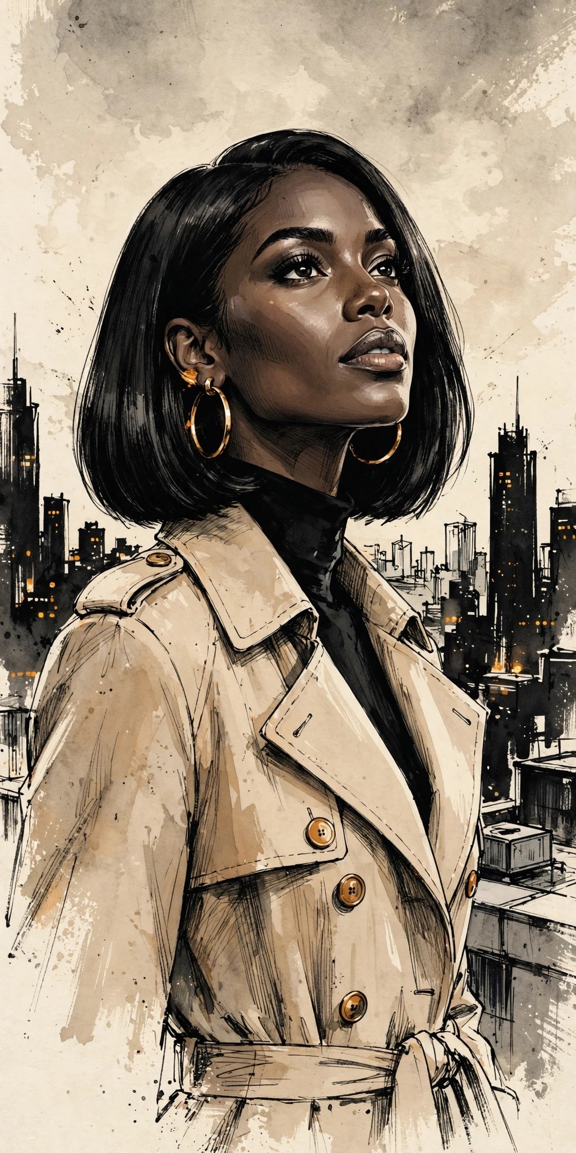 AI-generated editorial portrait of the fictional Vizlings character Talia Brooks on a city rooftop