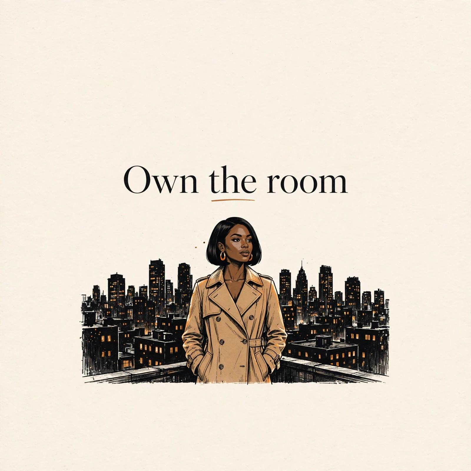 AI-generated dramatization art: Talia Brooks on a rooftop at dusk with the text 'Own the room' centered