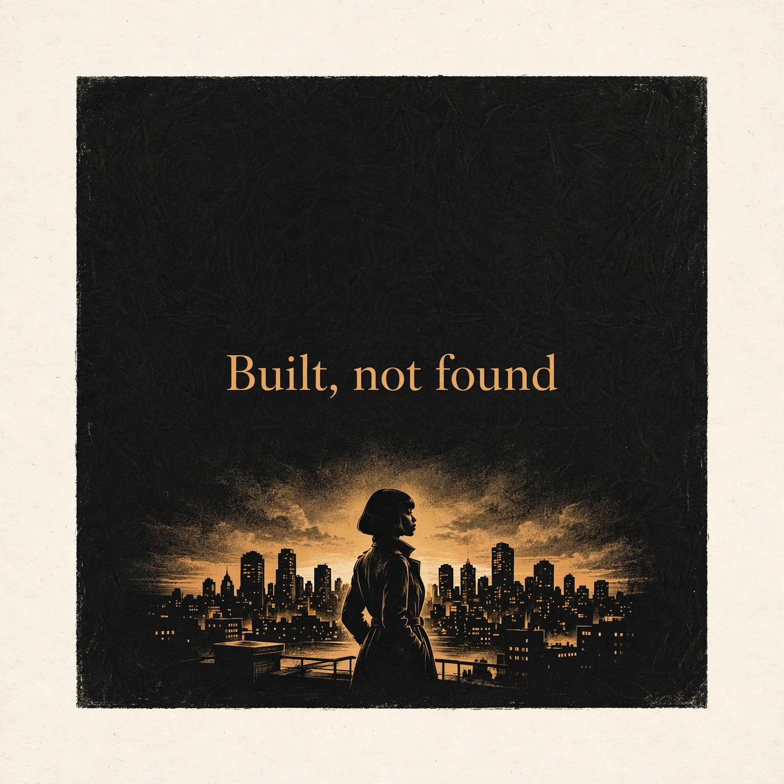 AI-generated dramatization art: Talia Brooks silhouette on a rooftop, text 'Built, not found' centered