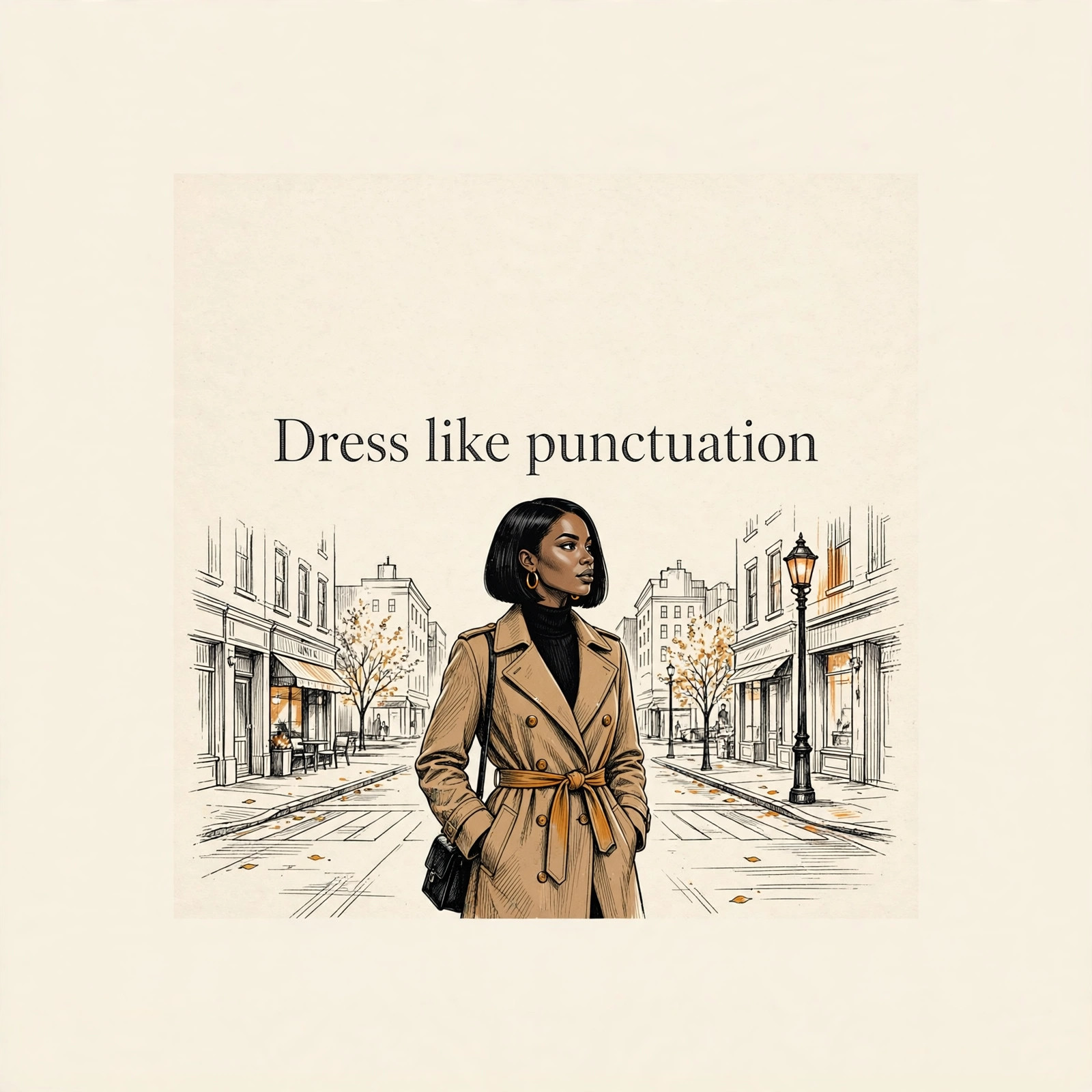 AI-generated dramatization art: Talia Brooks in her camel trench coat with the text 'Dress like punctuation' centered