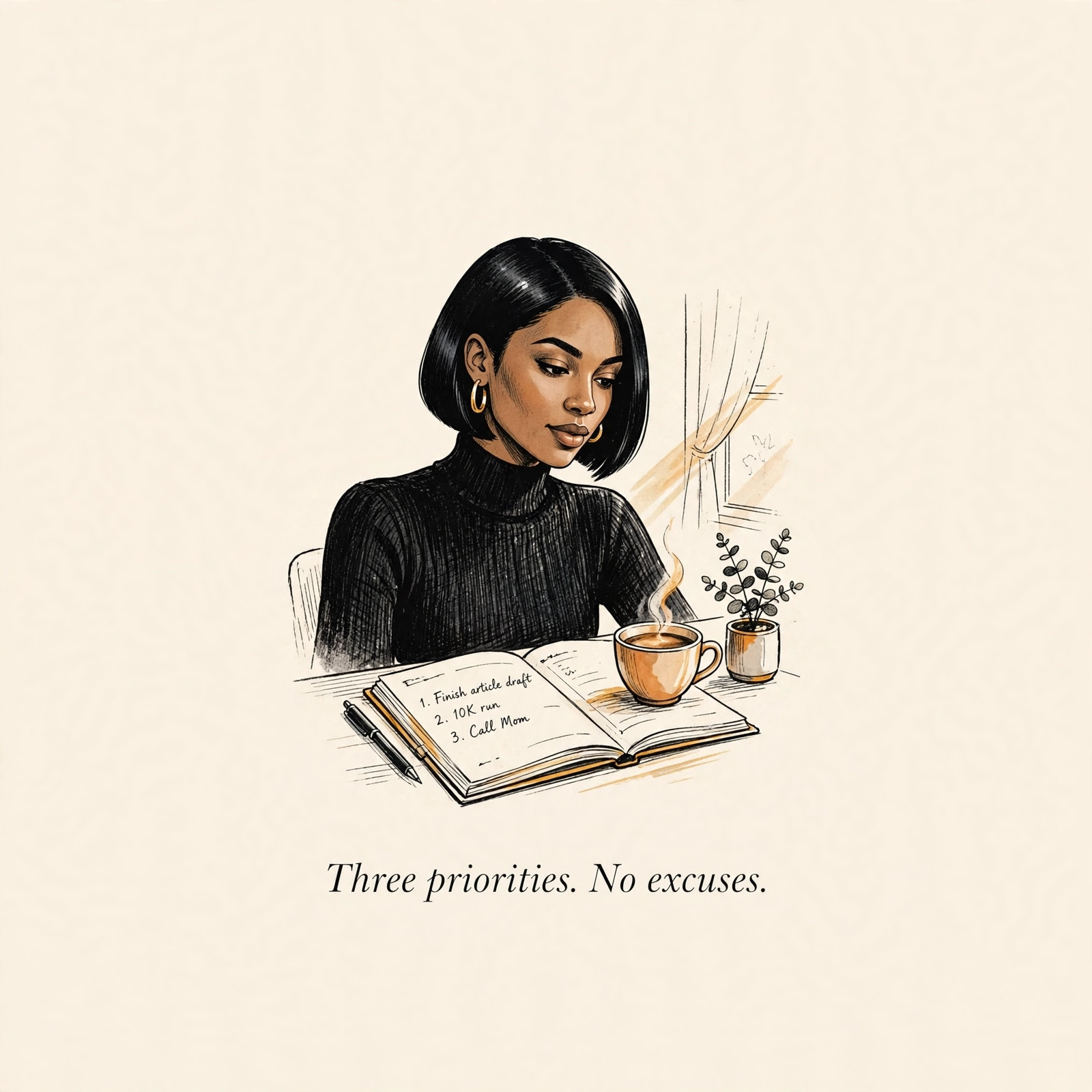 AI-generated dramatization art: Talia Brooks with coffee and planner, text 'Three priorities. No excuses.' centered