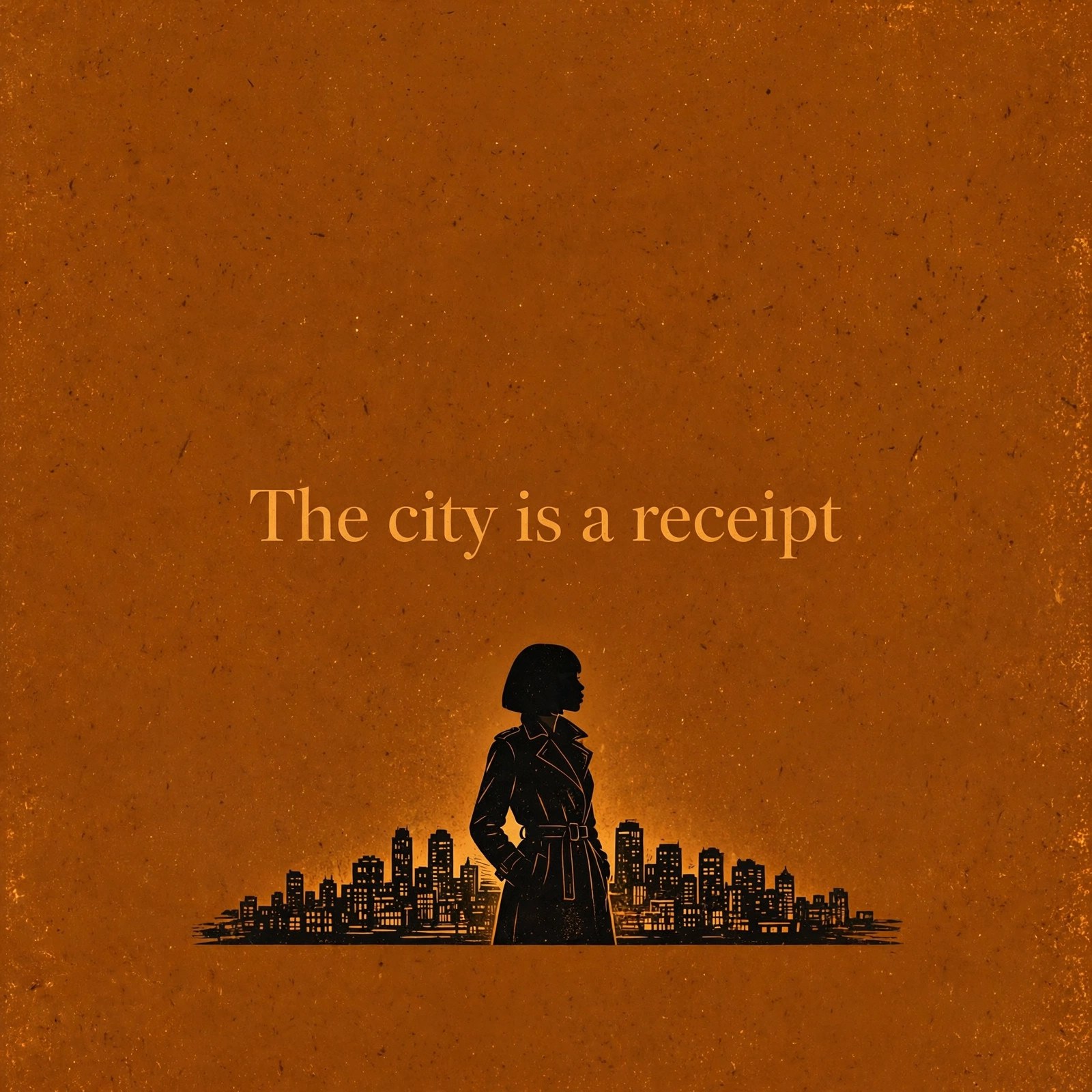 AI-generated dramatization art: Talia Brooks against the night skyline, text 'The city is a receipt' centered