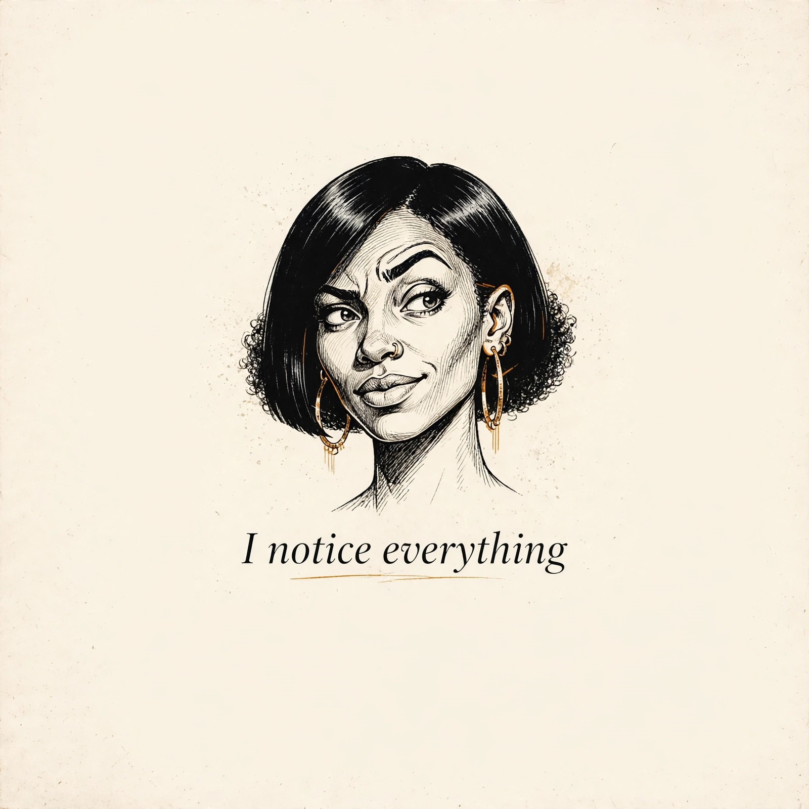 AI-generated dramatization art: close portrait of Talia Brooks with the text 'I notice everything' centered