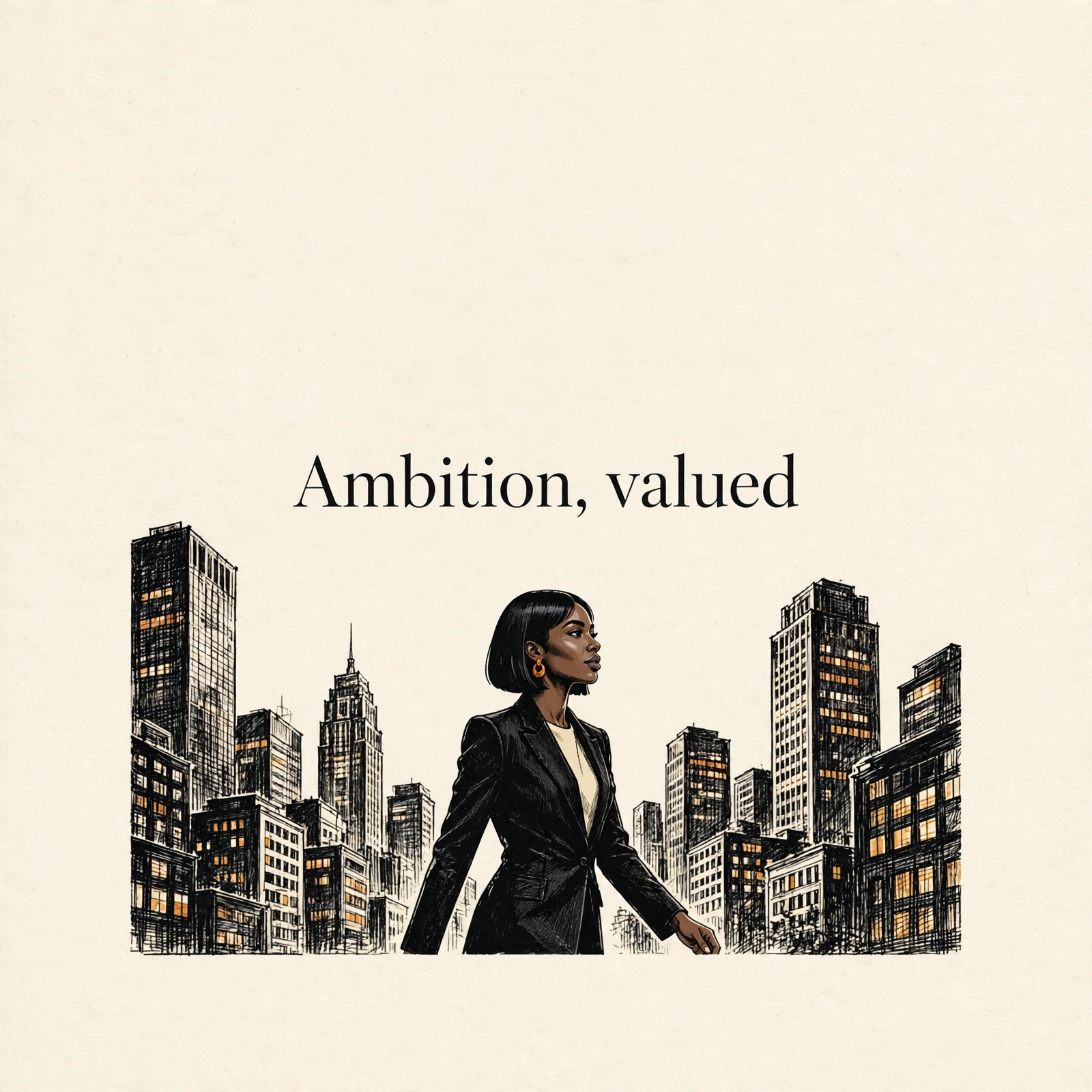 AI-generated dramatization art: Talia Brooks striding through the financial district, text 'Ambition, valued' centered