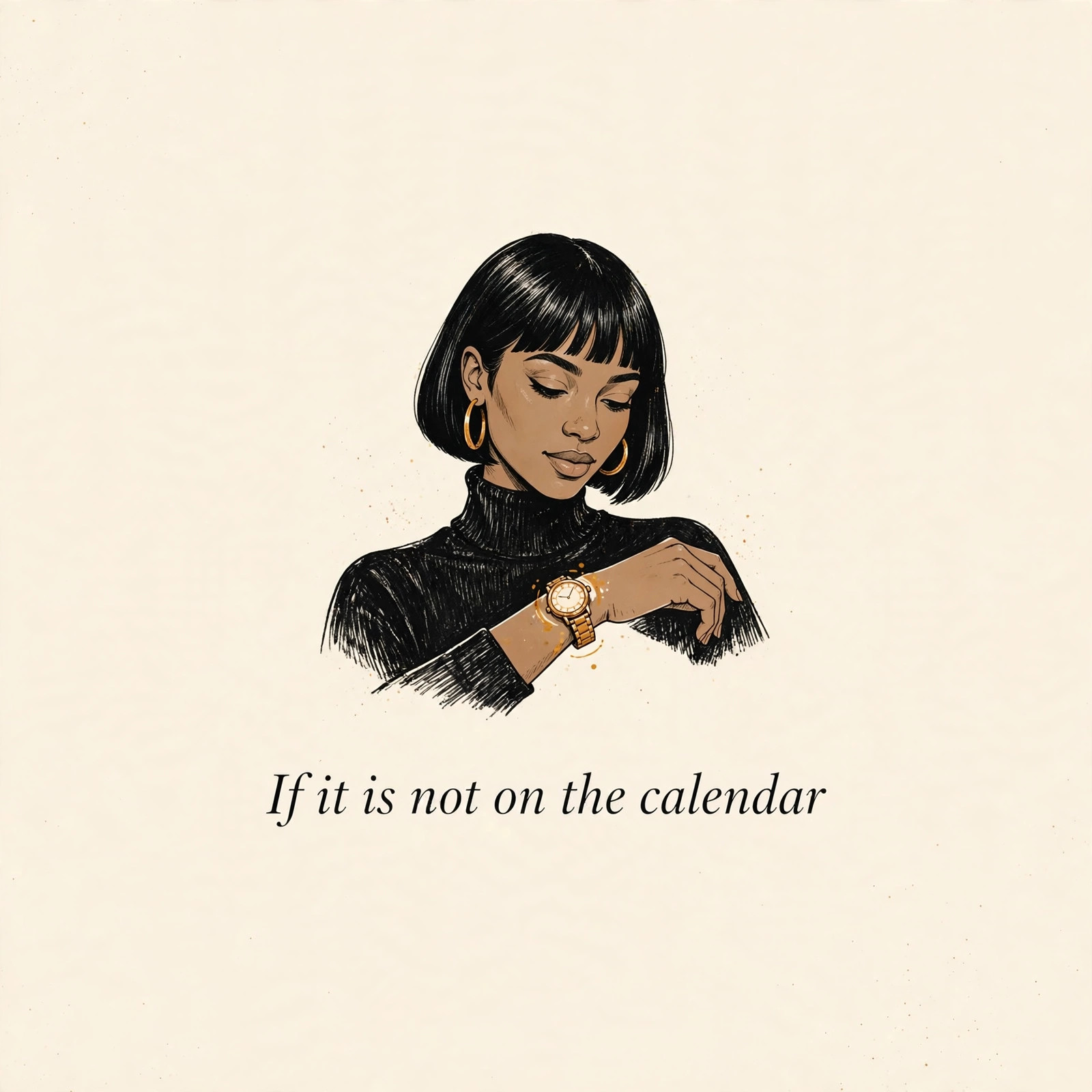 AI-generated dramatization art: Talia Brooks checking her watch, text 'If it is not on the calendar' centered
