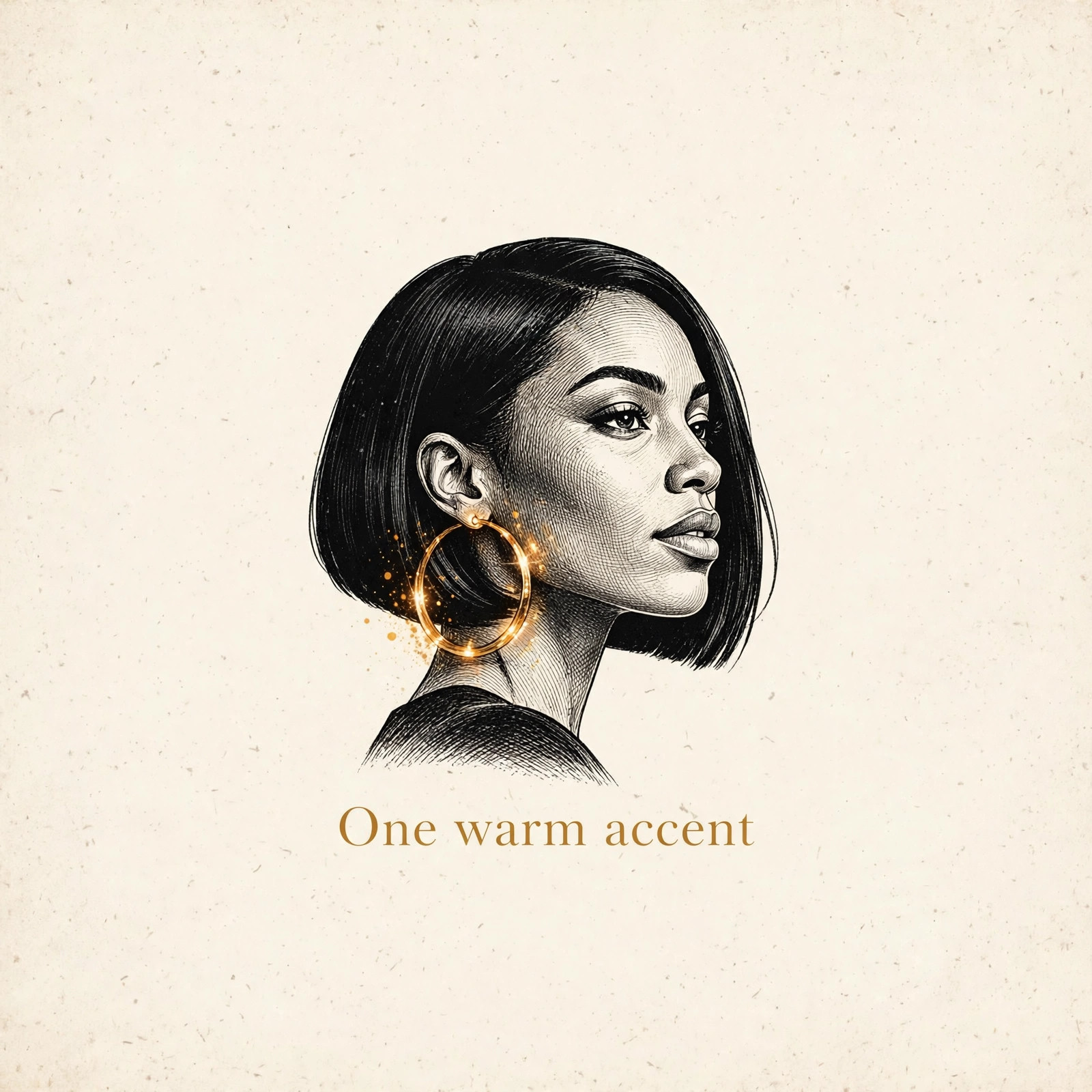 AI-generated dramatization art: portrait detail of Talia Brooks with gold hoops, text 'One warm accent' centered