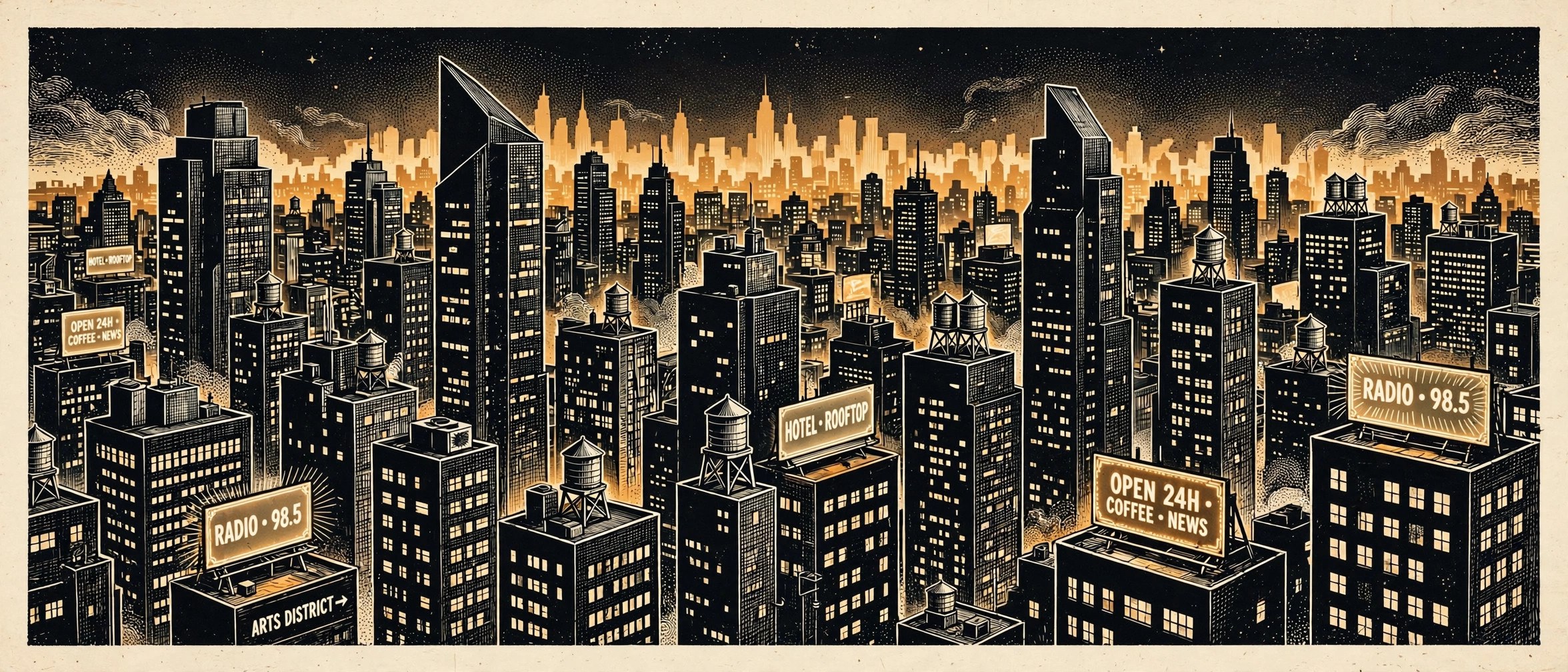 AI-generated illustration of the fictional city skyline Talia Brooks lives in