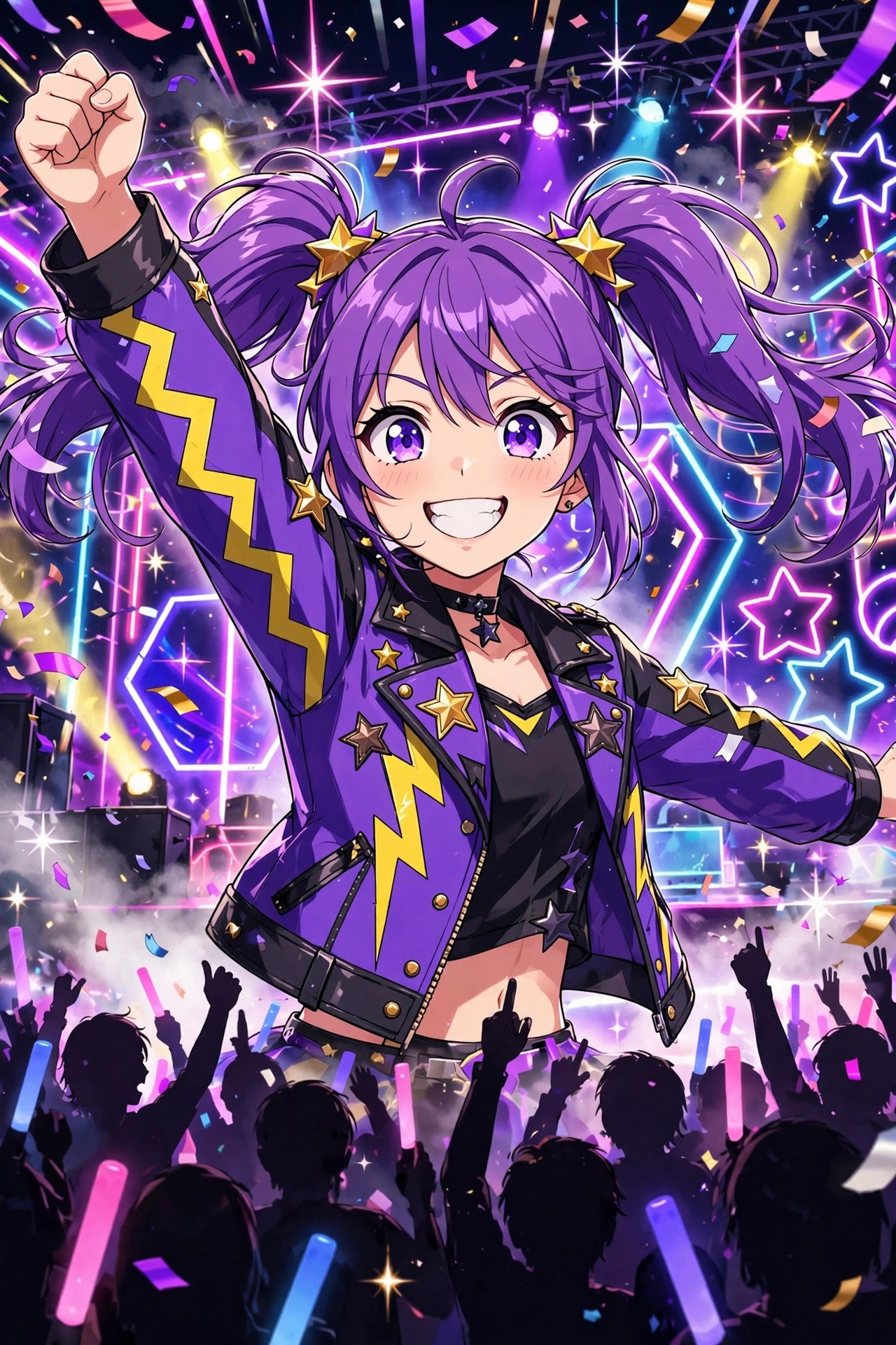 AI-generated anime-pop illustration of Tansy, a girl with purple ponytails, performing on a neon concert stage