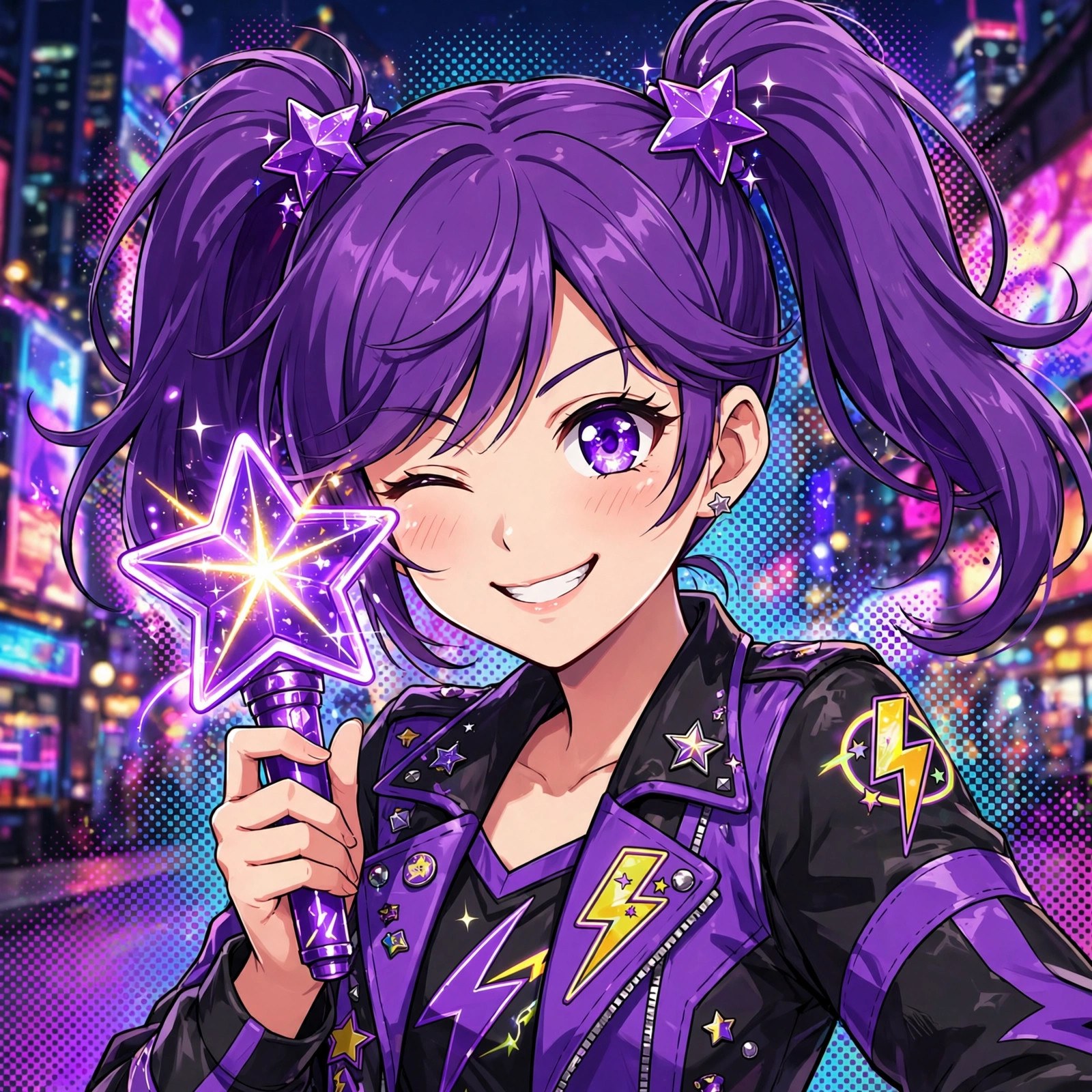 AI-generated anime-pop portrait of Tansy winking and holding a glowing star-shaped microphone