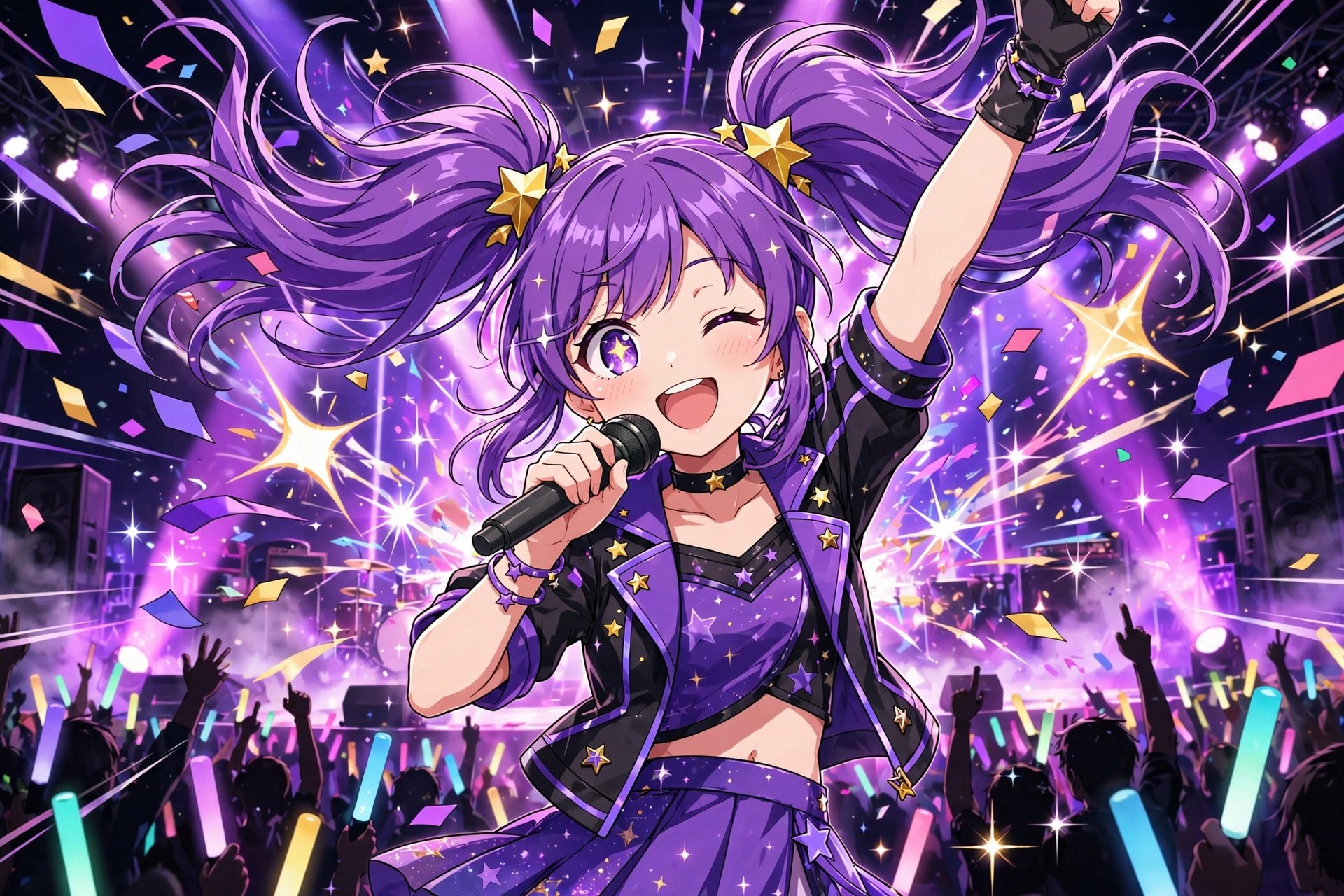 AI-generated illustration of Tansy performing on stage amid confetti and starbursts