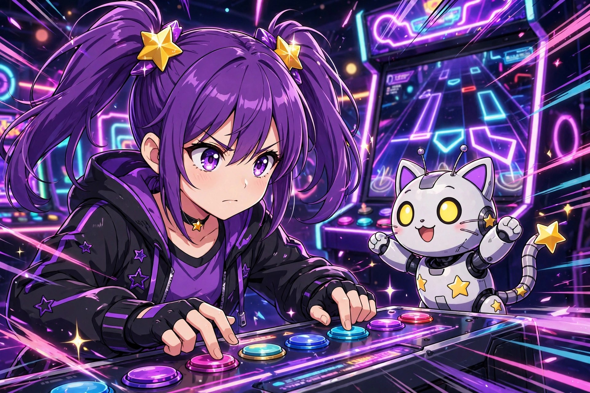 AI-generated illustration of Tansy playing a rhythm arcade game with a robot cat