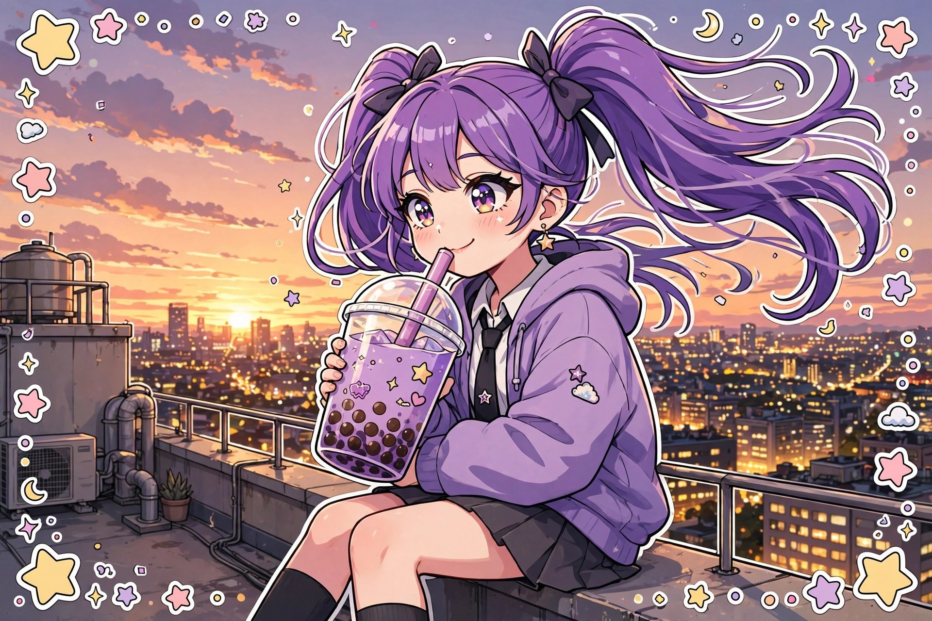 AI-generated illustration of Tansy drinking bubble tea on a rooftop at sunset