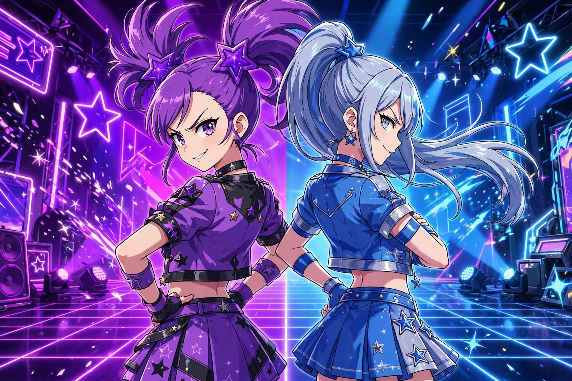 AI-generated illustration of Tansy back-to-back with her rival Static on a split neon stage