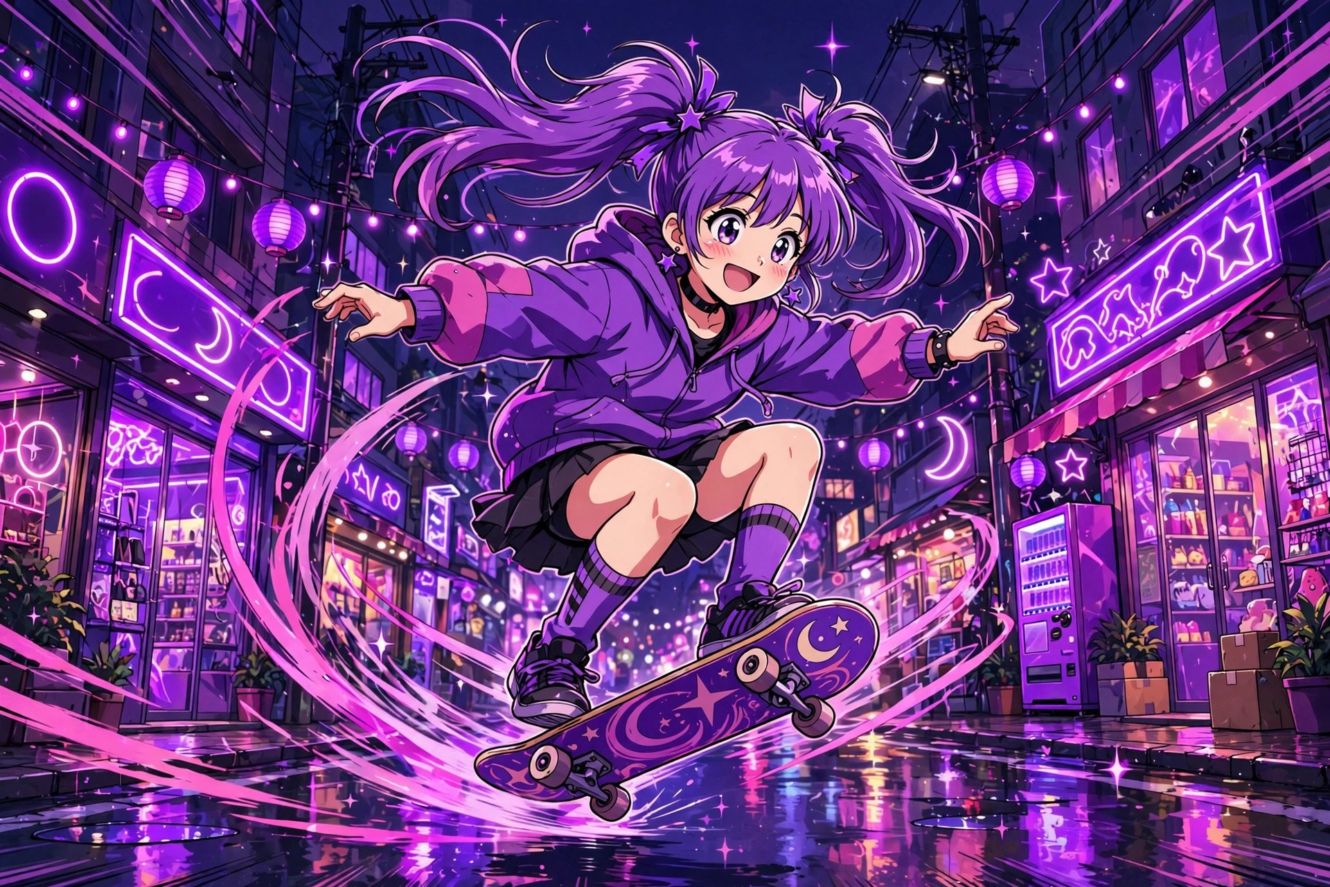 AI-generated illustration of Tansy skateboarding down a neon street at night
