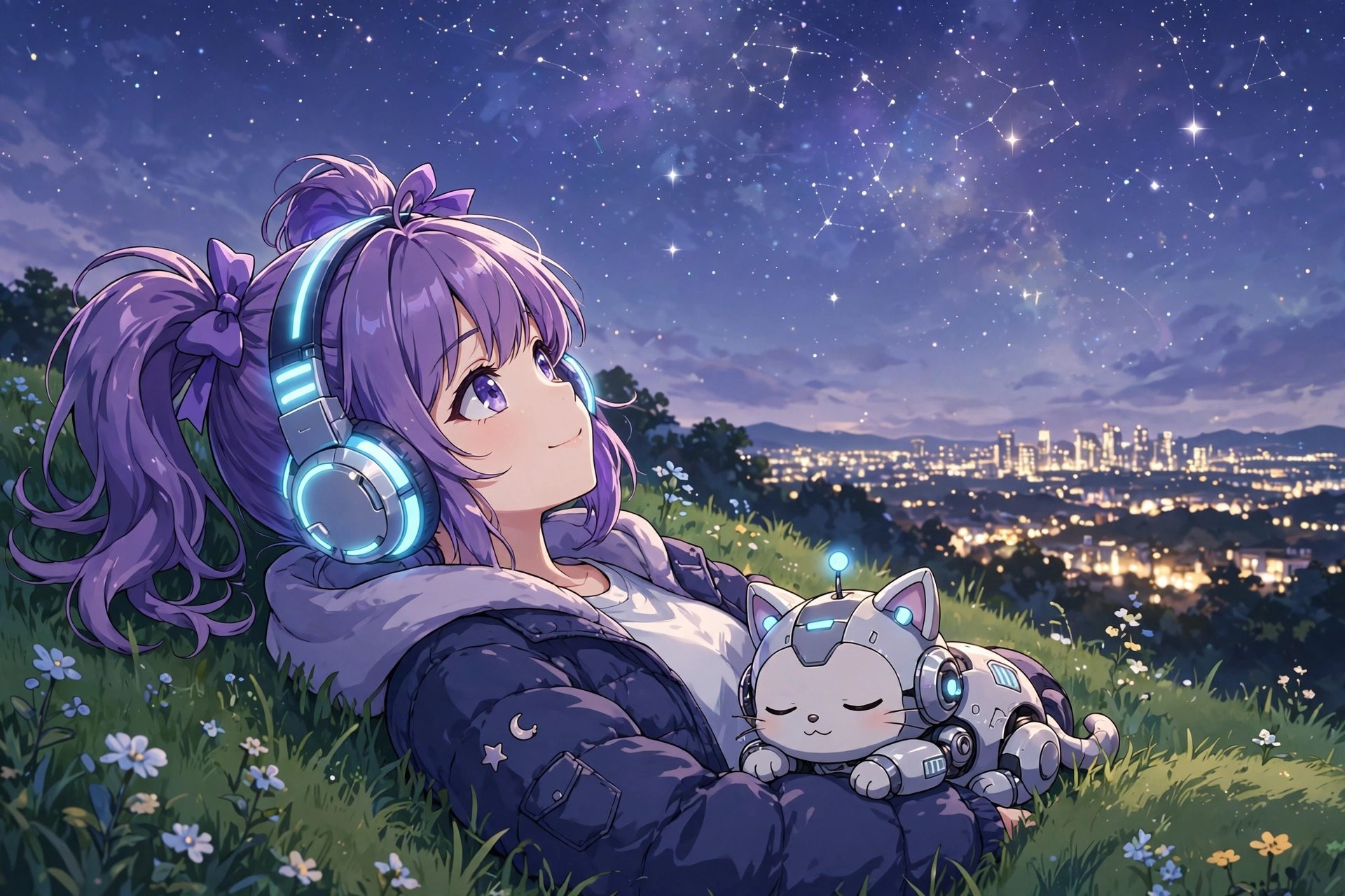 AI-generated illustration of Tansy stargazing on a hill with headphones and a robot cat