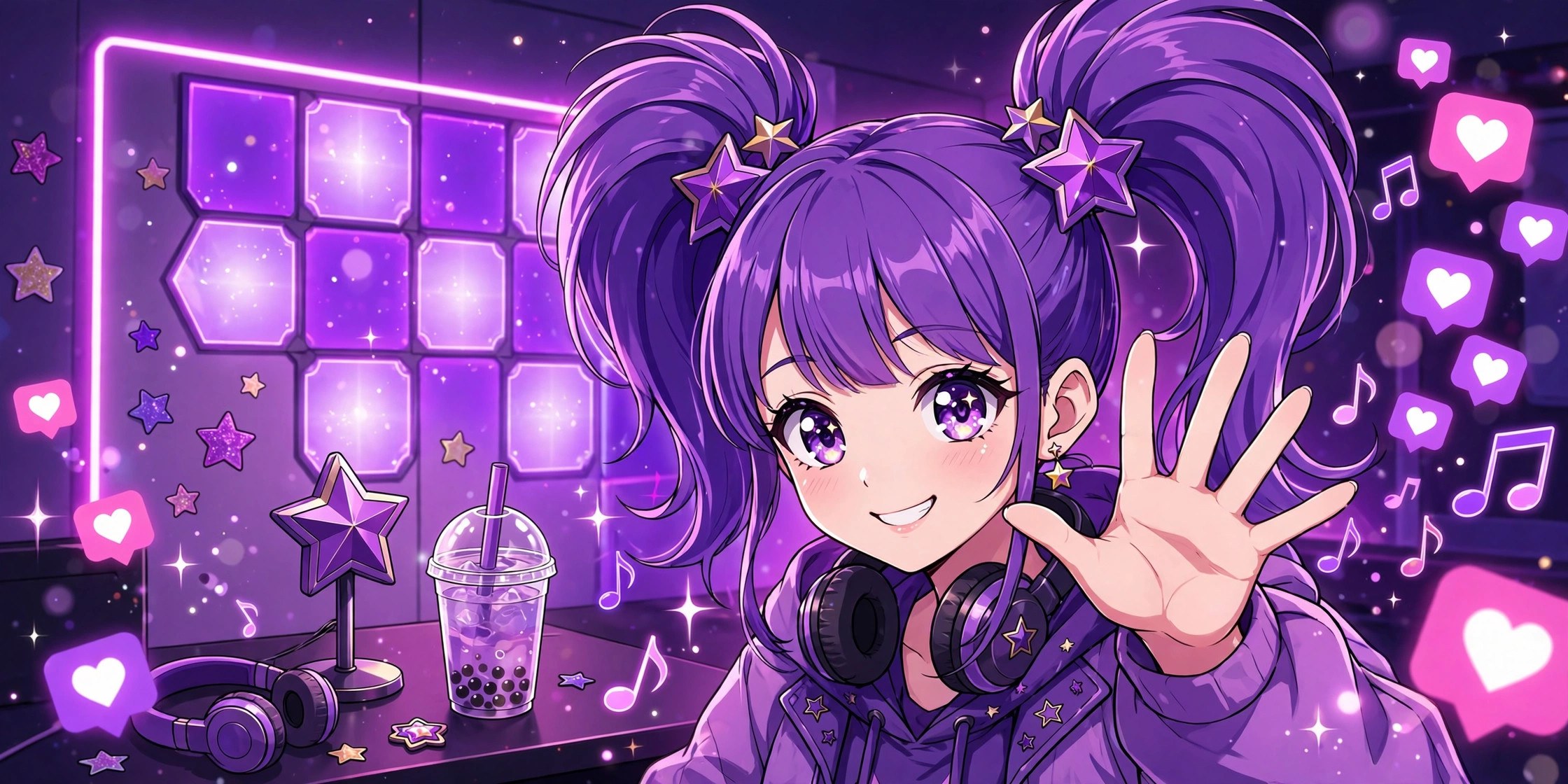 AI-generated anime-pop banner of Tansy waving in a neon streaming room