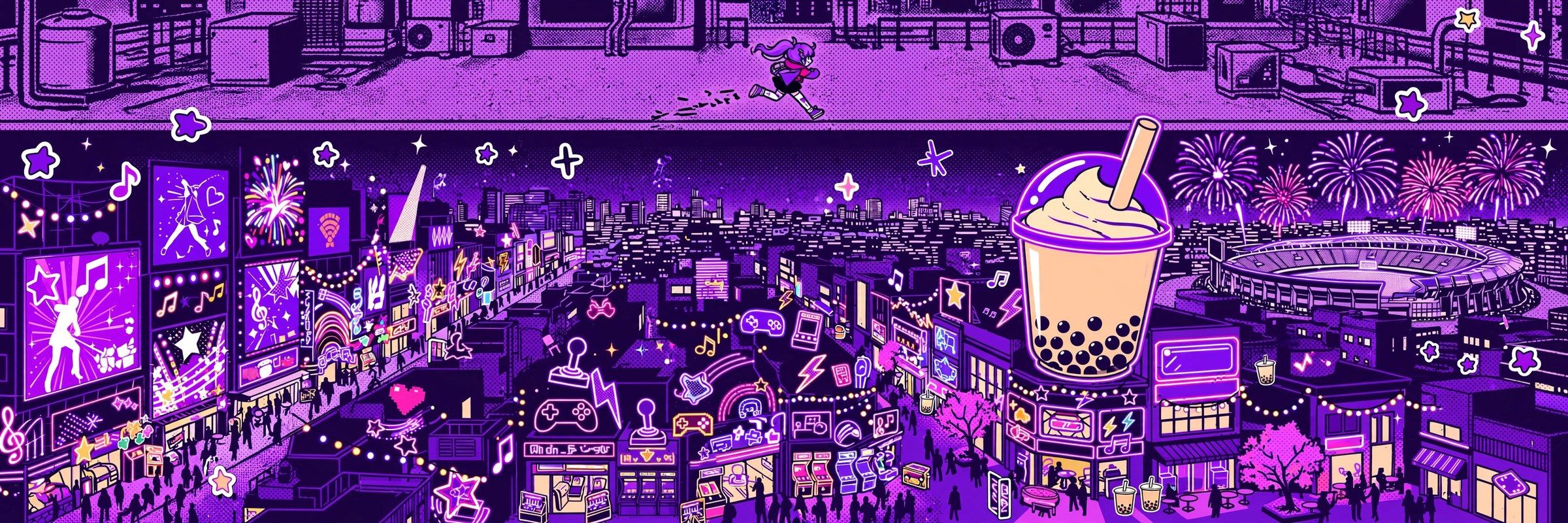 AI-generated wide anime-pop cityscape of Neon Starlight City at night