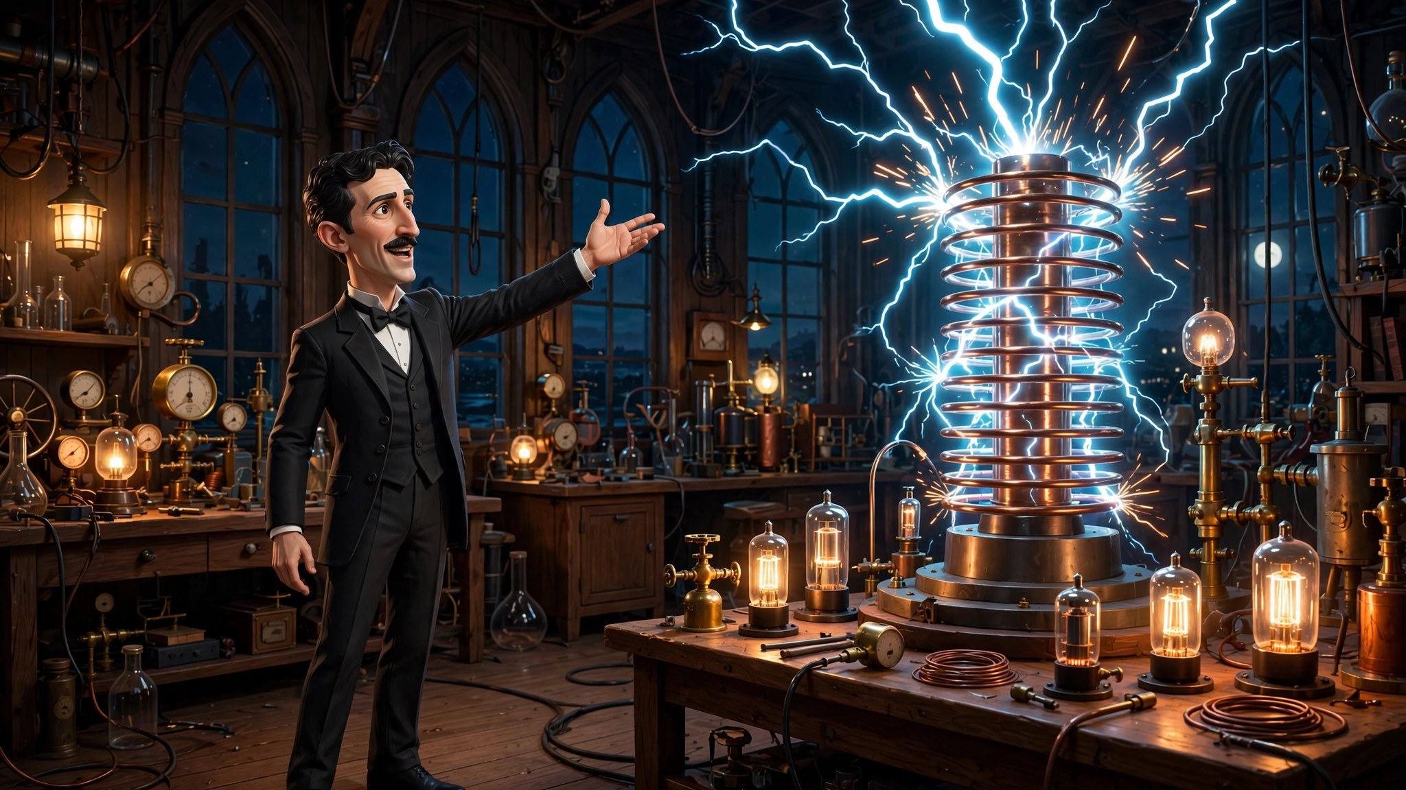 Wide AI-generated illustration of the stream's animated Tesla character gesturing toward a crackling Tesla coil in his laboratory world