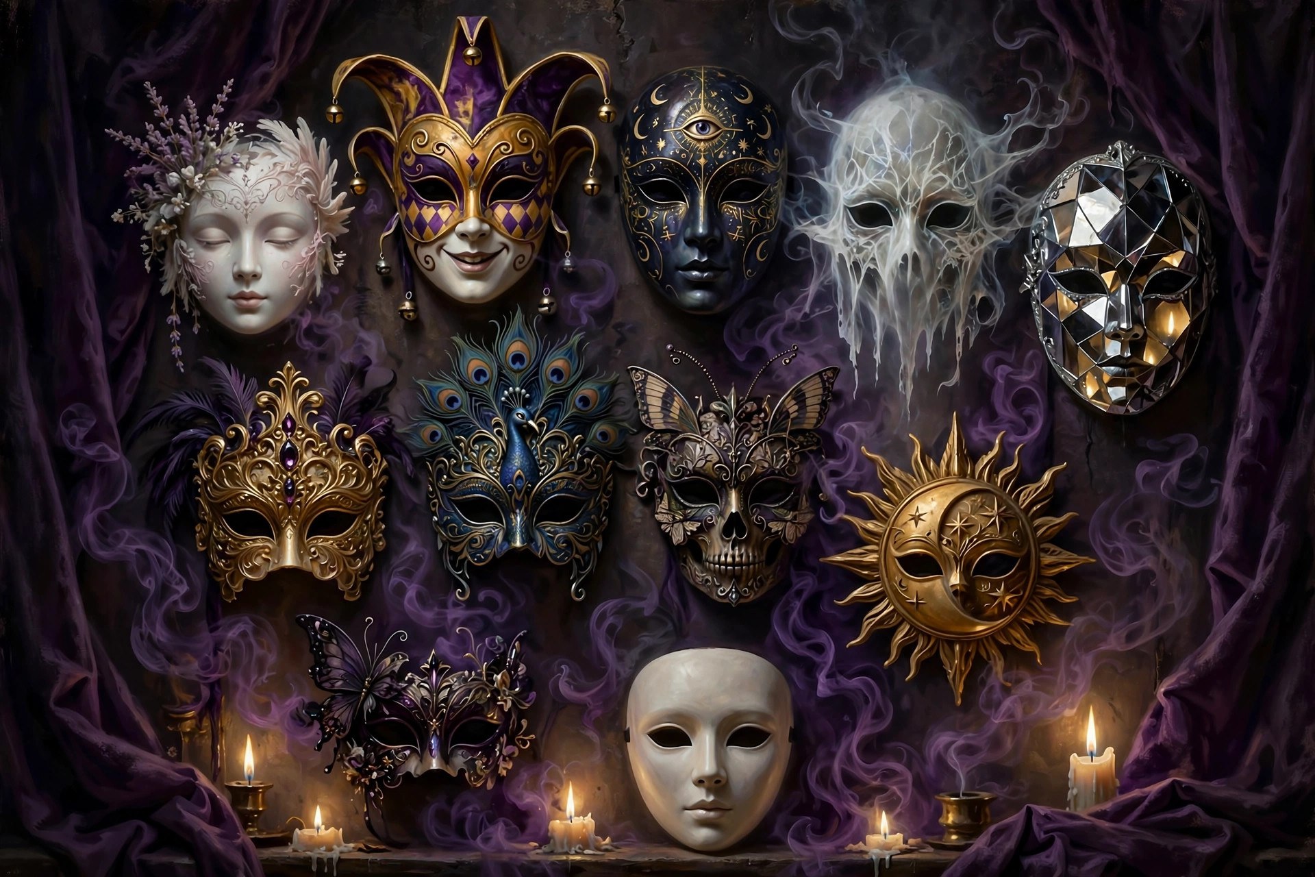 AI-generated illustration of a wall of eleven ornate masquerade masks in a candlelit room