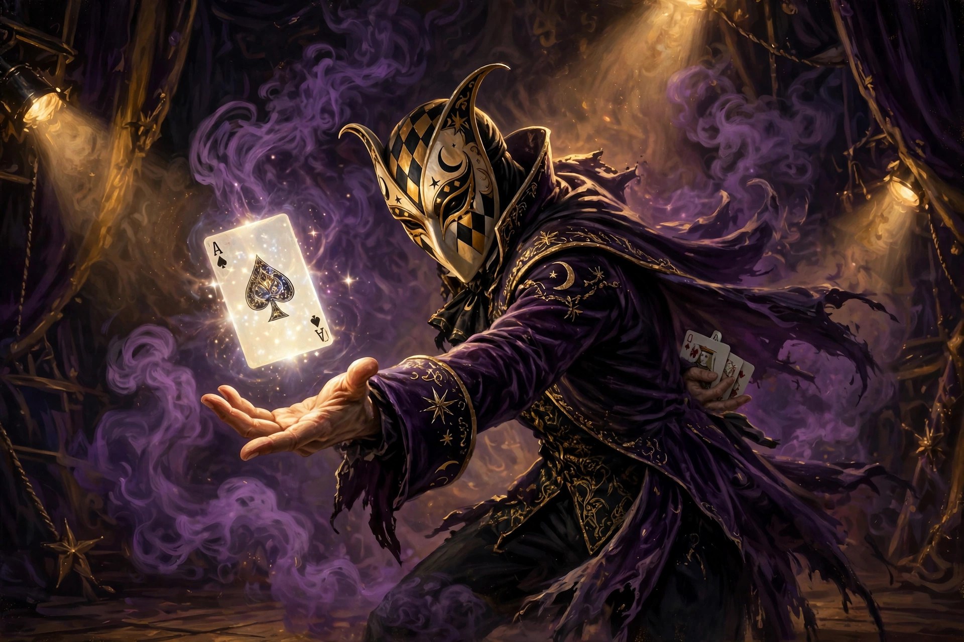 AI-generated illustration of a masked trickster on stage presenting a glowing playing card