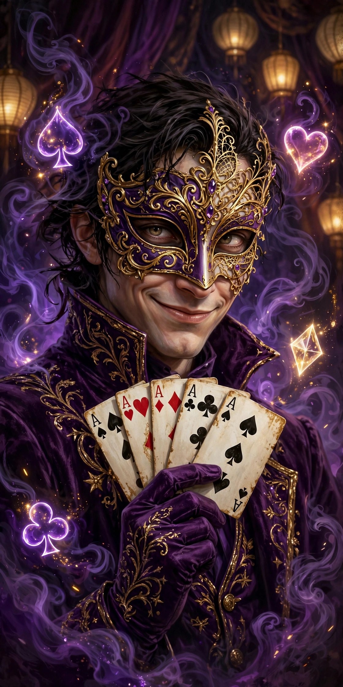 AI-generated portrait of a masked trickster in a purple velvet coat holding a fan of playing cards