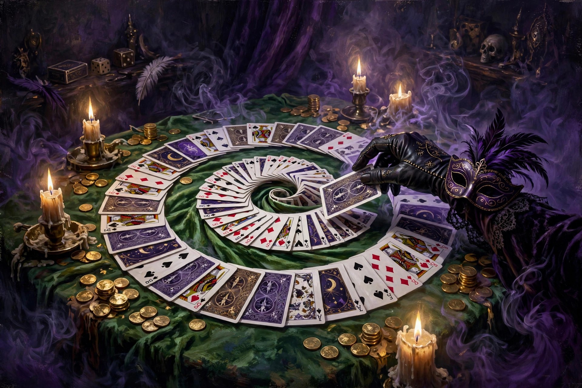 AI-generated illustration of a spiral of playing cards on a velvet card table, a gloved hand moving one card