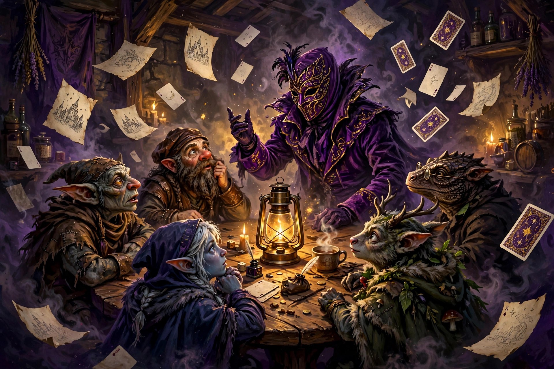 AI-generated illustration of a masked storyteller entertaining listeners in a lantern-lit tavern