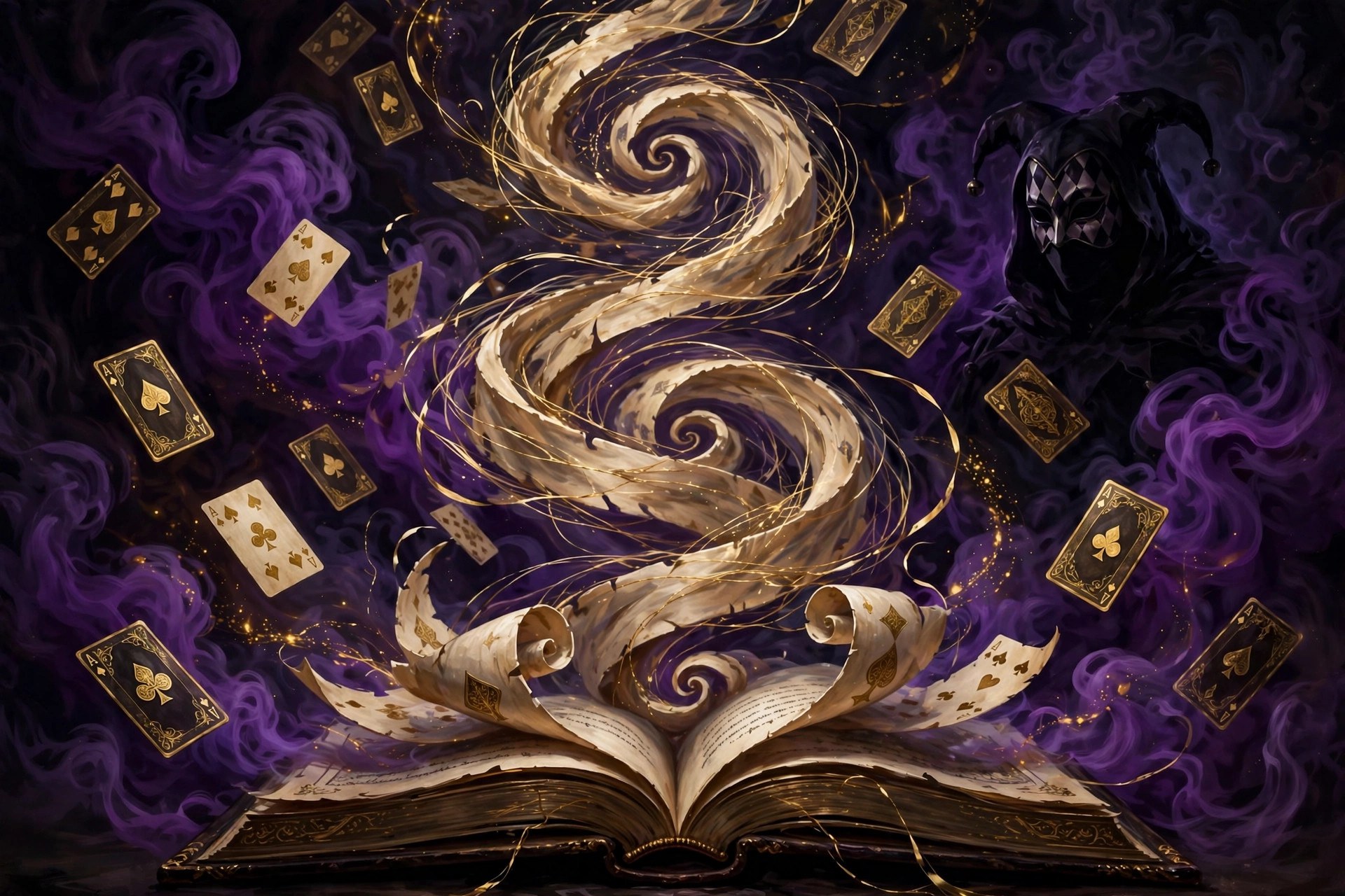 AI-generated illustration of an open storybook whose pages twist into a spiral of playing cards
